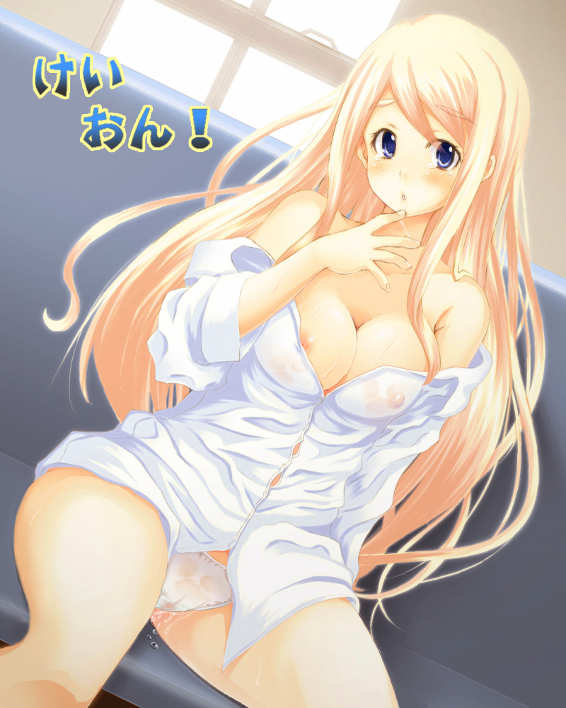 :o bangs bare_shoulders blonde_hair blue_eyes blush breasts cameltoe cleavage couch covered_nipples dress_shirt dutch_angle embarrassed finger_to_mouth foreshortening indoors k-on! kotobuki_tsumugi large_breasts long_hair looking_at_viewer nipple_slip nipples no_bra no_pants off_shoulder open_mouth panties pussy_juice see-through shirt shirt_pull sidelocks sitting solo surprised tatsuhiko tears thighs translation_request underwear very_long_hair wet wet_clothes wet_panties wet_shirt white_panties window