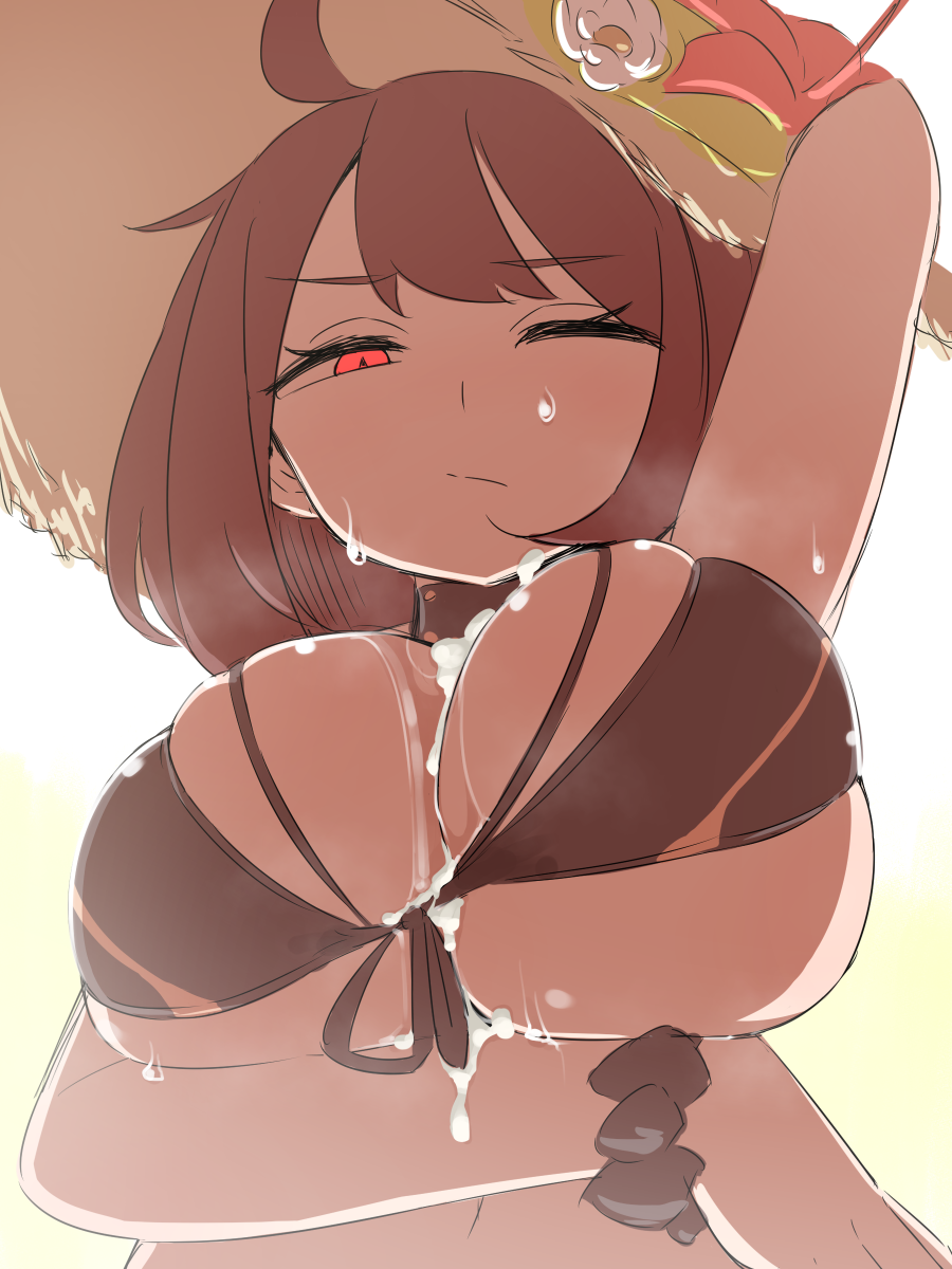 1girl ahoge arm_up bikini bikini_top_only breasts brown_hair cleavage close-up closed_mouth cum cum_on_body cum_on_breasts guardian_tales hakika hat highres large_breasts looking_at_viewer medium_hair one_eye_closed red_eyes simple_background solo straw_hat summer_innkeeper_loraine sweat swimsuit underboob