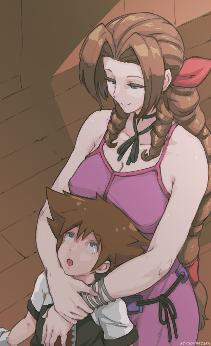 1boy 1girl aerith_gainsborough blue_eyes bolo_tie braid braided_ponytail breasts brown_hair cleavage covered_nipples dress drill_hair final_fantasy final_fantasy_vii green_eyes hug hug_from_behind kingdom_hearts kingdom_hearts_i looking_at_another looking_up sleeveless sleeveless_dress smile sora_(kingdom_hearts) twin_drills tyrone you_gonna_get_raped