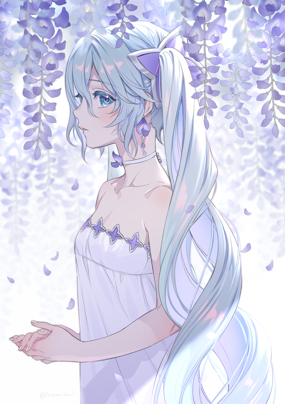 1girl aqua_eyes aqua_hair bangs banned_artist breasts choker closed_mouth dress earrings flower from_side hair_between_eyes hatsune_miku highres jewelry long_hair midori_foo own_hands_together petals small_breasts solo strapless strapless_dress twintails twitter_username upper_body vocaloid white_choker white_dress wisteria