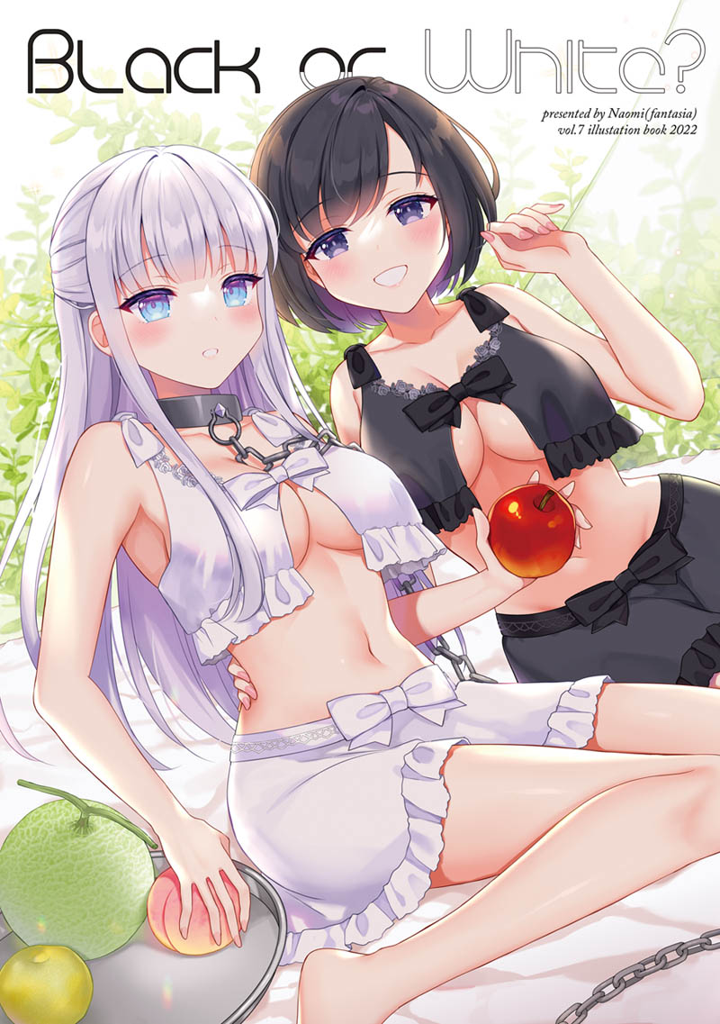 2girls armpits bare_arms bare_shoulders barefoot black_hair black_shirt black_skirt blue_eyes breasts cleavage collar cover cover_page crop_top crop_top_overhang frilled_shirt frilled_skirt frills grin large_breasts long_hair looking_at_viewer midriff miniskirt multiple_girls naomi_(fantasia) navel no_bra original parted_lips purple_eyes shirt skirt sleeveless sleeveless_shirt smile stomach thighs white_hair white_shirt white_skirt