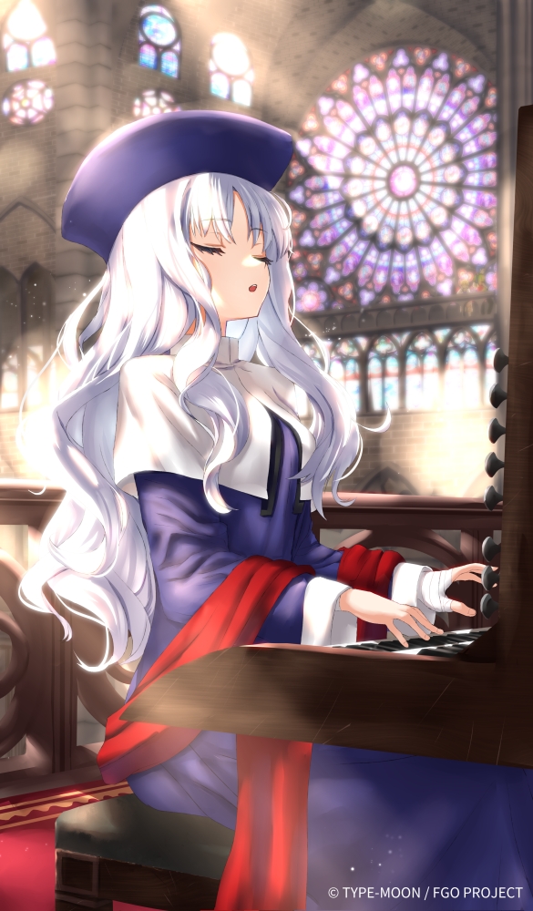 1girl bangs blue_dress blue_headwear breasts caren_hortensia closed_eyes dress fate/grand_order fate/hollow_ataraxia fate_(series) hat instrument long_hair long_sleeves medium_breasts music official_art open_mouth organ_(instrument) playing_instrument shawl sitting solo stained_glass tsuuhan wavy_hair white_hair