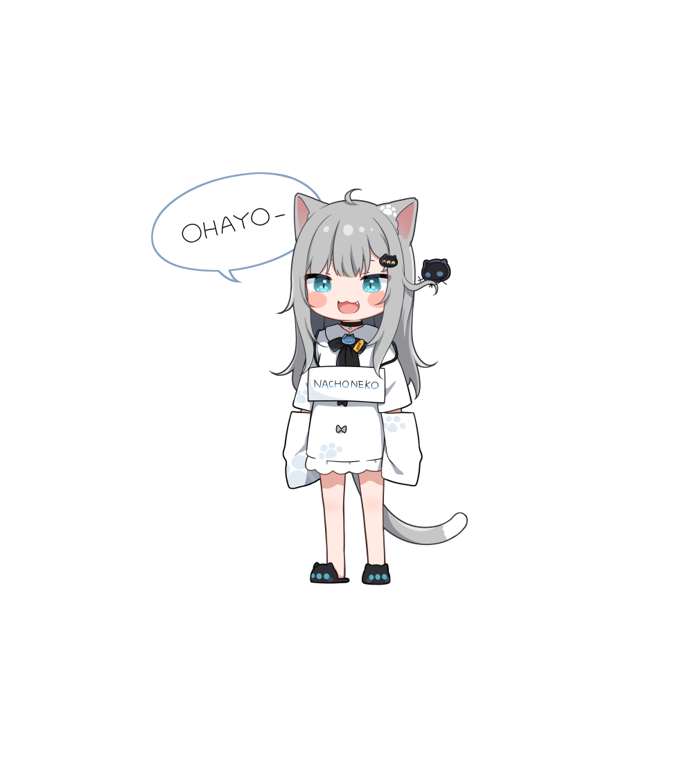 1girl :3 :d ahoge amashiro_natsuki animal_ear_fluff animal_ears bangs black_footwear blue_eyes blush_stickers cat_ears cat_girl cat_tail character_name chibi collared_shirt commentary_request fang grey_hair indie_virtual_youtuber long_hair long_sleeves looking_at_viewer nachoneko romaji_commentary romaji_text sandals shirt sign sign_around_neck simple_background sleeves_past_fingers sleeves_past_wrists smile solo standing tail translated virtual_youtuber white_background white_shirt