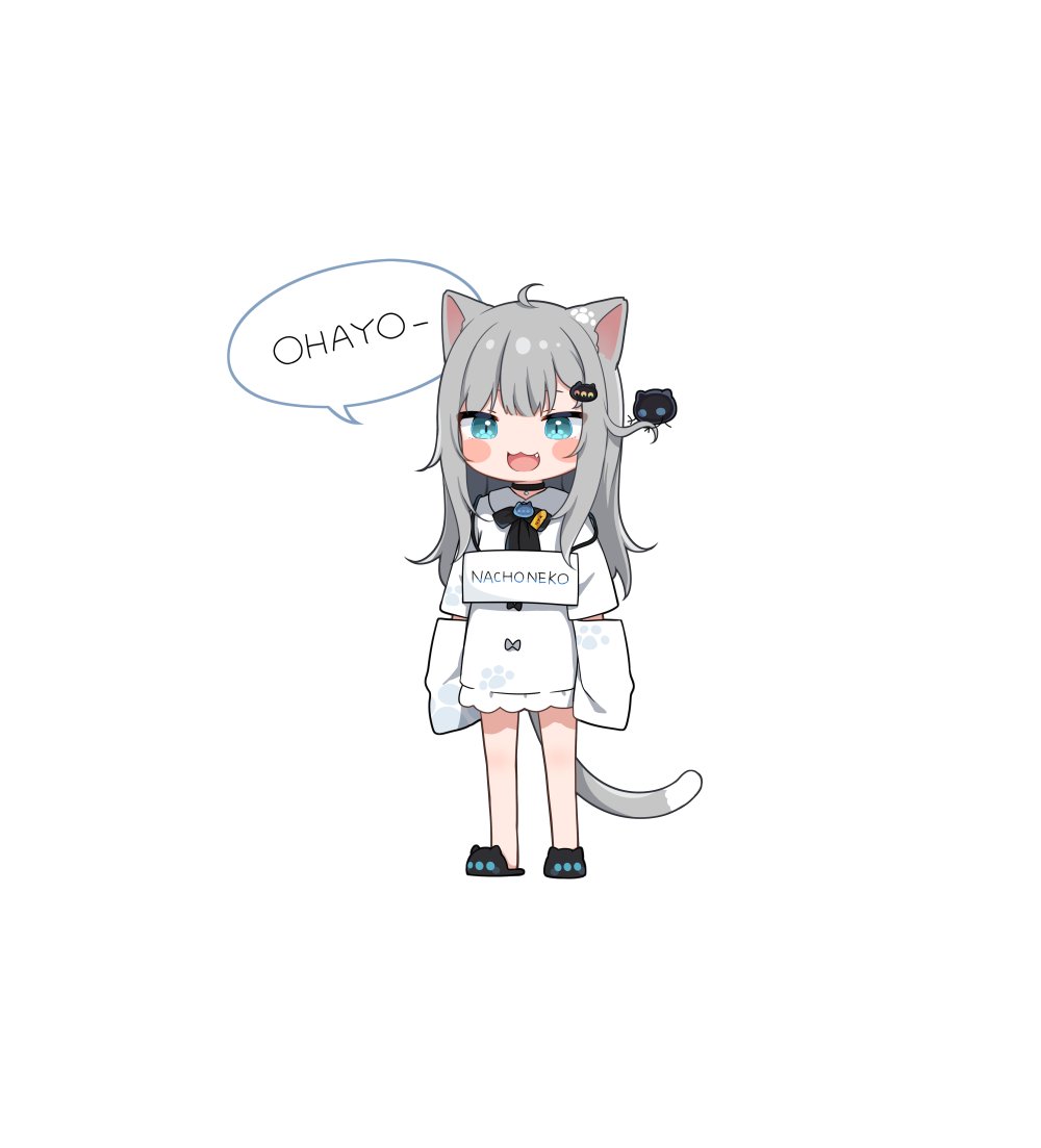 1girl :3 :d ahoge amashiro_natsuki animal_ear_fluff animal_ears bangs black_footwear blue_eyes blush_stickers cat_ears cat_girl cat_tail character_name chibi collared_shirt commentary_request fang grey_hair indie_virtual_youtuber long_hair long_sleeves looking_at_viewer nachoneko romaji_commentary romaji_text sandals shirt sign sign_around_neck simple_background sleeves_past_fingers sleeves_past_wrists smile solo standing tail translation_request virtual_youtuber white_background white_shirt