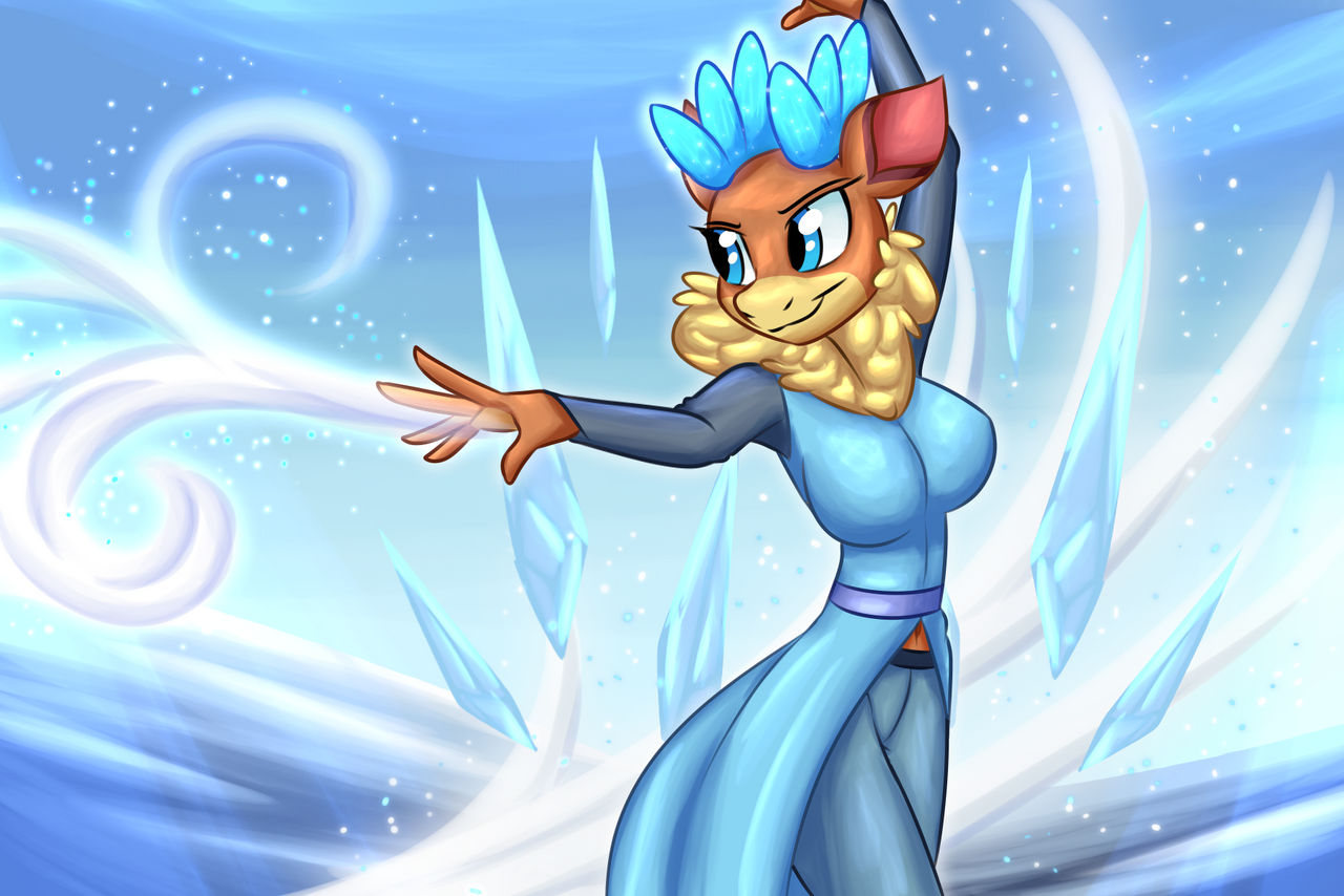 2021 anthro better_version_at_source blue_antlers blue_clothing blue_dress blue_eyes capreoline cervid clothing dress female frozen_(movie) ice icicle magic magic_user mammal navel neck_tuft queen_elsa_(frozen) redahfuhrerking reindeer smile solo them's_fightin'_herds tuft velvet_reindeer_(tfh)