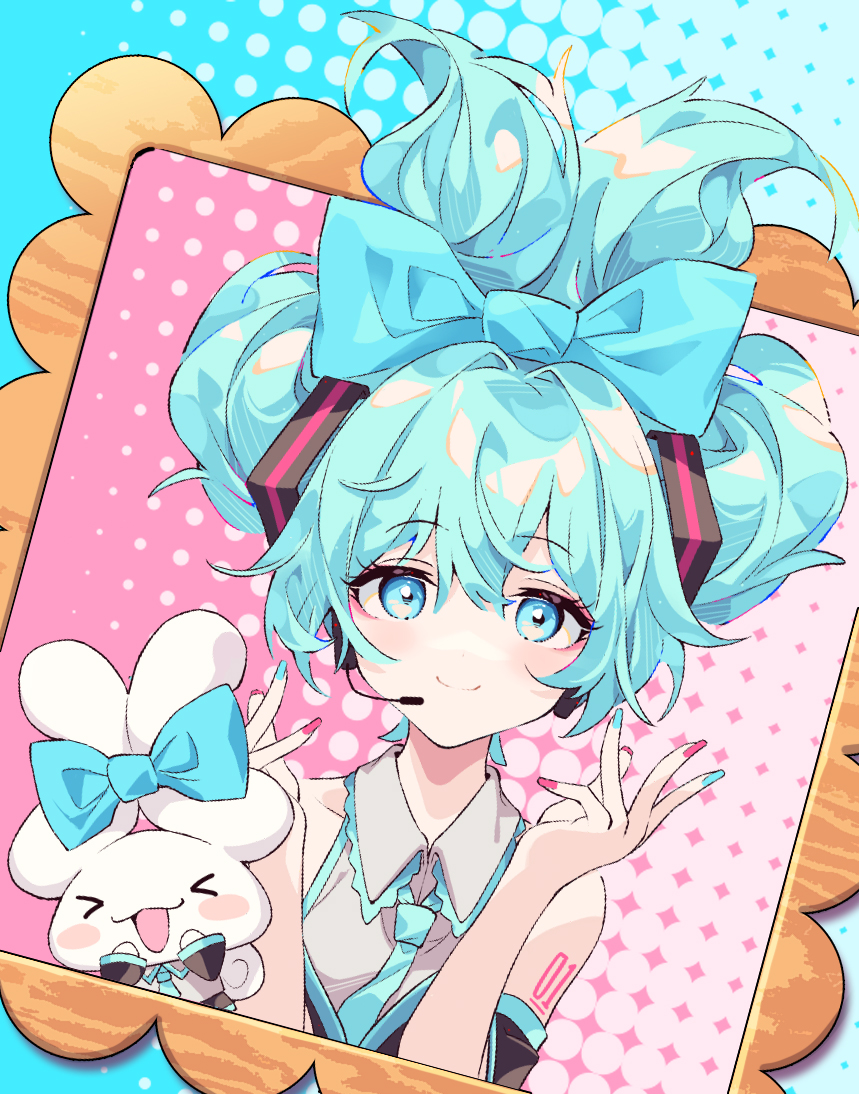 &gt;_&lt; 1girl :d black_sleeves blue_bow blue_eyes blue_hair blue_necktie bow cinnamiku cinnamoroll closed_eyes closed_mouth collared_shirt crossover detached_sleeves grey_shirt hair_bow halftone halftone_background hatsune_miku headset litsvn long_sleeves necktie sanrio shirt sleeveless sleeveless_shirt smile updo upper_body vocaloid wide_sleeves xd