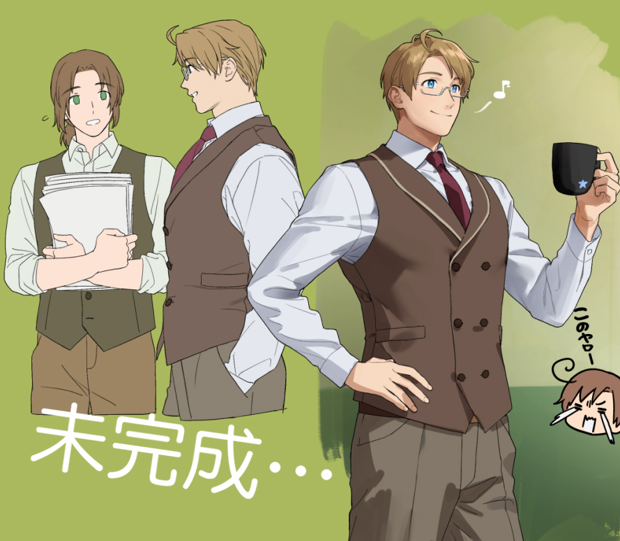 3boys =_= ahoge america_(hetalia) axis_powers_hetalia blonde_hair blue_eyes breasts brown_hair chibi chibi_inset crying cup flat_color green_background green_eyes holding holding_cup holding_paper lithuania_(hetalia) littleb623 long_sleeves looking_ahead looking_at_another male_focus medium_breasts multiple_boys multiple_views musical_note necktie paper red_necktie shirt southern_italy_(hetalia) streaming_tears talking tears waistcoat white_shirt