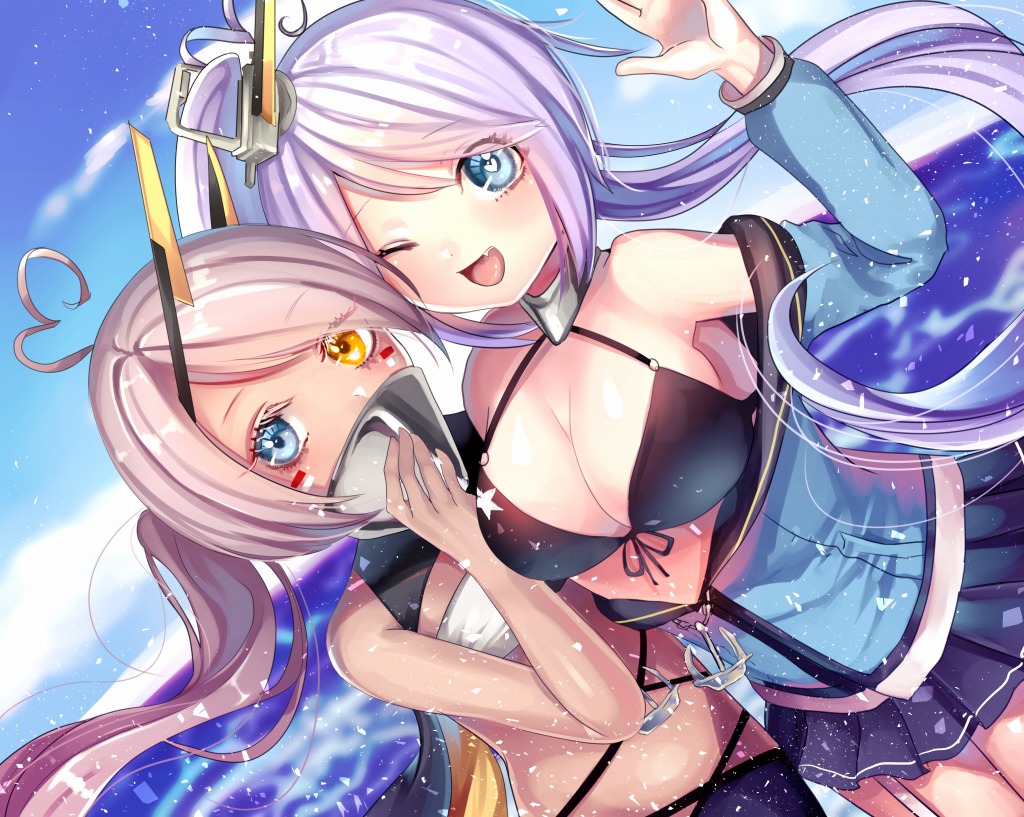 2girls ahoge anchor azur_lane bangs bikini bikini_top_only black_bikini black_sailor_collar black_skirt blue_eyes blue_shirt blush breasts cleavage commentary_request covered_mouth dark-skinned_female dark_skin dutch_angle facepaint hair_between_eyes heart heart-shaped_pupils heart_ahoge heterochromia horns indianapolis_(azur_lane) large_breasts long_hair looking_at_viewer mechanical_horns miniskirt multiple_girls off_shoulder one_eye_closed open_mouth pink_hair pleated_skirt portland_(azur_lane) purple_hair sailor_collar sakidoro shirt siblings side_ponytail sisters skirt smile swimsuit symbol-shaped_pupils turtleneck upper_body very_long_hair white_bandeau yellow_eyes