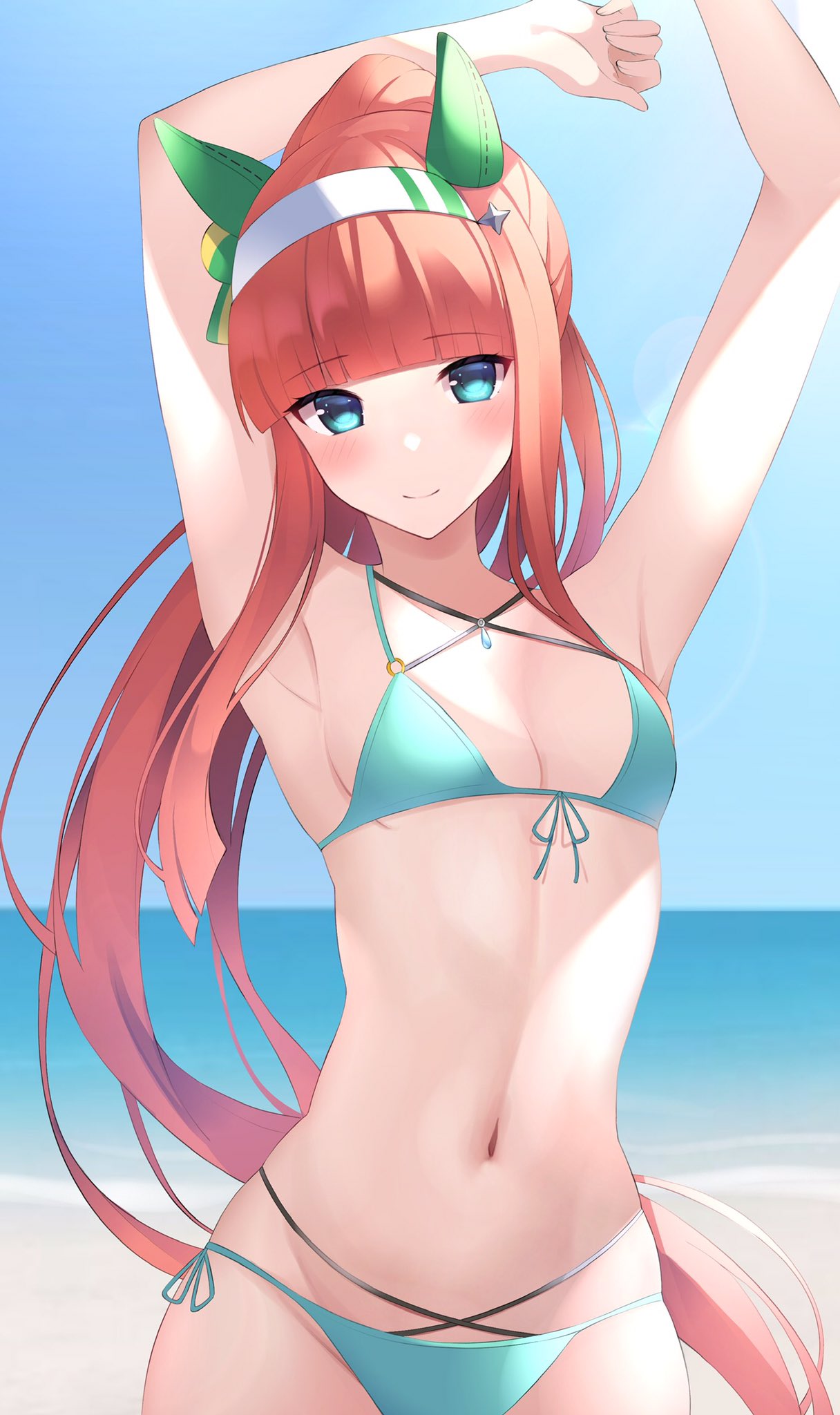 1girl alternate_hairstyle animal_ears armpits arms_up bangs bare_shoulders bikini blunt_bangs blush breasts cleavage closed_mouth decision5021 ear_covers green_eyes green_swimsuit groin hairband highres horizon horse_ears horse_girl horse_tail long_hair looking_at_viewer navel o-ring o-ring_bikini outdoors ponytail side-tie_bikini silence_suzuka_(umamusume) small_breasts smile solo standing striped striped_bikini swimsuit tail umamusume upper_body