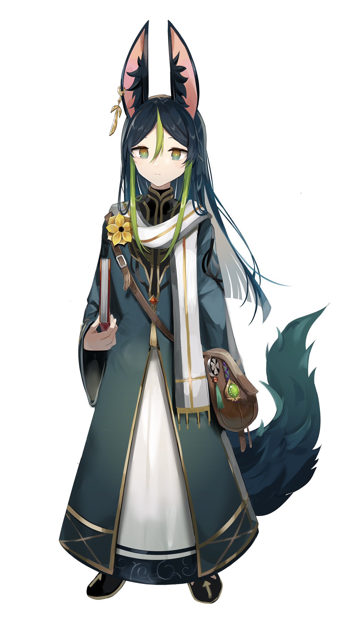 1boy alternate_costume alternate_hair_length alternate_hairstyle animal_ears black_hair book coat earrings flower fox_boy fox_ears fox_tail full_body genshin_impact green_coat green_eyes green_hair green_tail highres holding holding_book jewelry long_hair long_sleeves looking_at_viewer male_focus scarf single_earring standing tail tighnari_(genshin_impact) white_scarf wide_sleeves yellow_flower yoko_(nz_g) younger