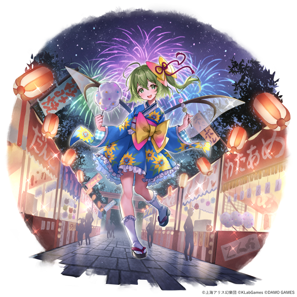 1girl aerial_fireworks blue_kimono blush cotton_candy daiyousei dango fairy fairy_wings fireworks food full_body green_eyes green_hair hair_between_eyes holding holding_food japanese_clothes kimono long_hair long_sleeves misekiss obi official_art open_mouth sash side_ponytail smile socks solo_focus summer_festival touhou touhou_arcadia_record wagashi white_socks wide_sleeves wings