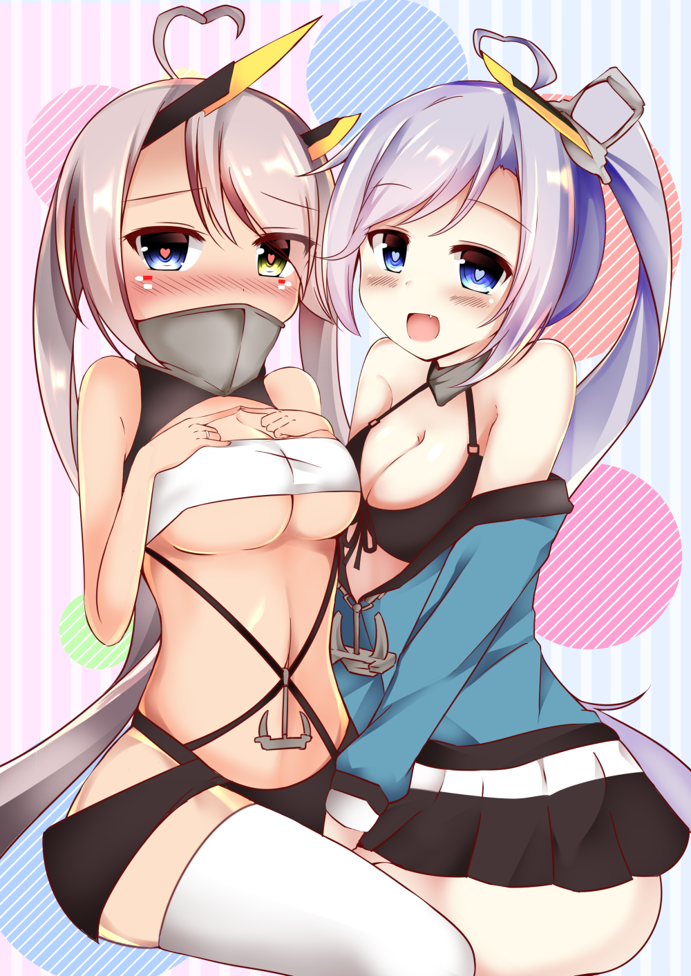 2girls ahoge azur_lane bangs bikini bikini_top_only black_bikini black_sailor_collar black_skirt blue_eyes blue_shirt blush breasts cleavage commentary_request covered_mouth dark-skinned_female dark_skin eyes_visible_through_hair facepaint fang feet_out_of_frame heart heart-shaped_pupils heart_ahoge heterochromia highres index_fingers_together indianapolis_(azur_lane) large_breasts long_hair looking_at_viewer miniskirt multiple_girls off_shoulder open_mouth pink_hair pleated_skirt portland_(azur_lane) purple_hair sailor_collar shirt siblings side_ponytail sisters skirt smile swimsuit symbol-shaped_pupils thighhighs turtleneck twintails underboob very_long_hair white_bandeau white_thighhighs yellow_eyes zatu