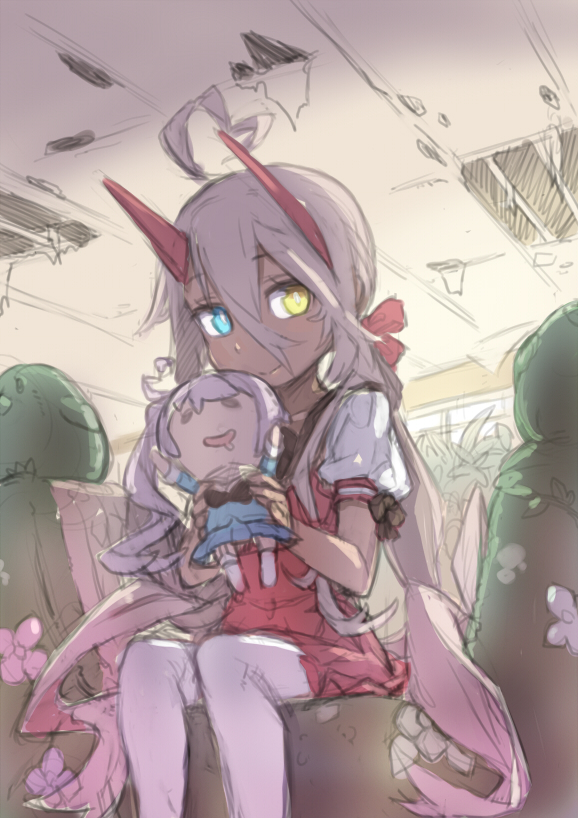 1girl ahoge azur_lane bangs blue_eyes character_doll closed_mouth commentary_request dark-skinned_female dark_skin doll feet_out_of_frame hair_between_eyes heart heart_ahoge heterochromia holding holding_doll horns indianapolis_(at_school_with_my_sister...)_(azur_lane) indianapolis_(azur_lane) long_hair looking_to_the_side nekomanma-sensei pink_hair portland_(azur_lane) puffy_short_sleeves puffy_sleeves red_horns red_skirt retrofit_(azur_lane) school_uniform serafuku shirt short_sleeves sitting skirt smile solo thighhighs twintails very_long_hair white_shirt white_thighhighs yellow_eyes