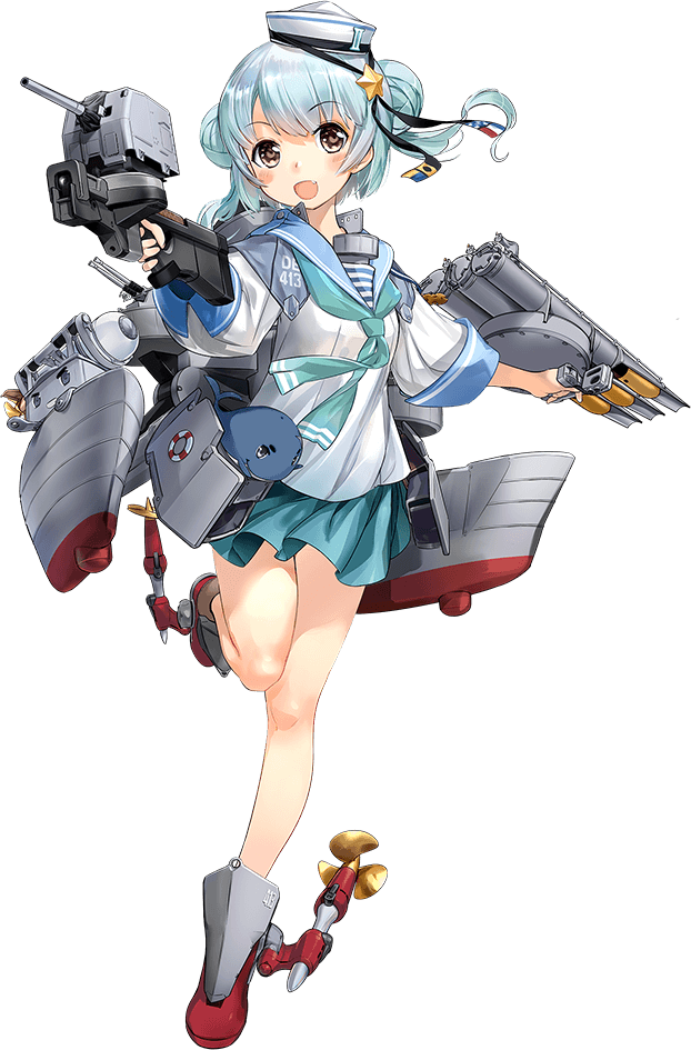 1girl aqua_neckerchief aqua_skirt black_ribbon blue_hair blue_sailor_collar dixie_cup_hat double_bun full_body hair_bun hair_ornament hairpin hat hat_ribbon kantai_collection little_blue_whale_(kancolle) military_hat miniskirt navy_cross neckerchief official_art pleated_skirt red_footwear ribbon sailor_collar samuel_b._roberts_(kancolle) samuel_b._roberts_mk_ii_(kancolle) school_uniform serafuku shirt short_hair skirt sleeve_cuffs star_(symbol) whale white_headwear white_shirt yellow_eyes zeco