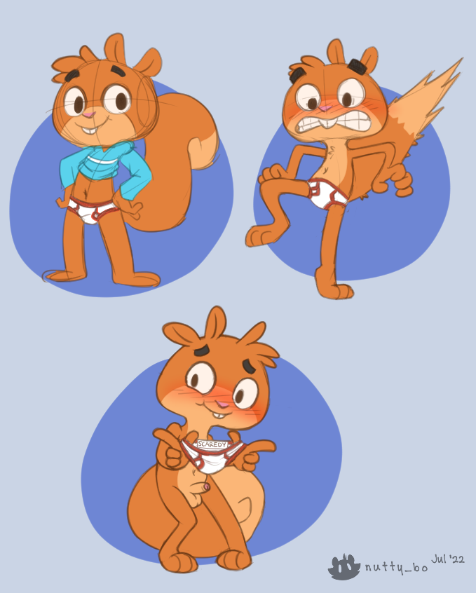 balls blush briefs buckteeth clothed clothing fur genitals hair male mammal nude nutty_bo penis presenting red_seam_briefs rodent scaredy_squirrel scaredy_squirrel_(character) sciurid shy simple_background smile teeth topwear underwear