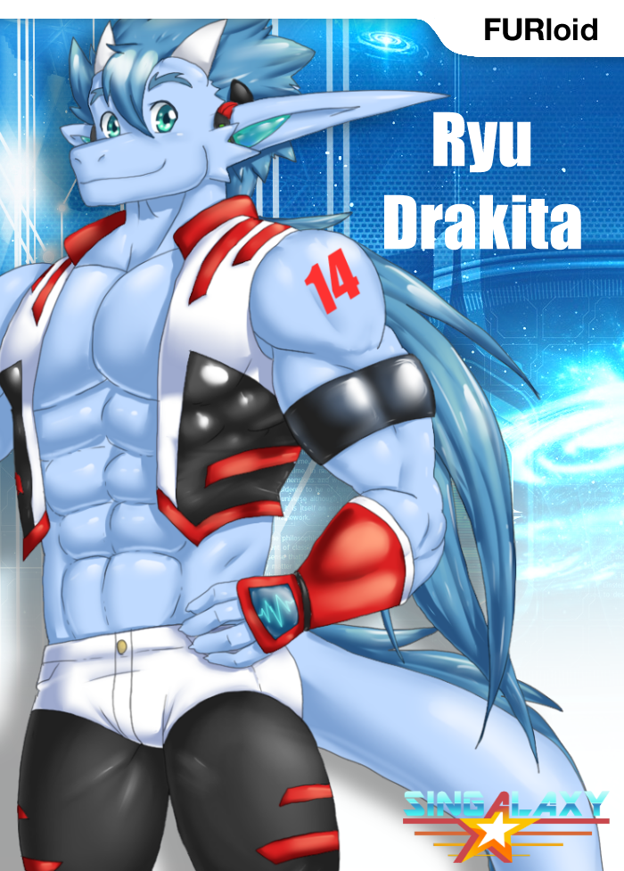 2014 2_horns 5_fingers abs akita77 anthro armor blue_body blue_eyebrows blue_eyes blue_hair bracers claws clothed clothing cover_art dragon eyebrows fingers furloid hair horn long_ears long_hair long_tail looking_at_viewer male muscular muscular_anthro muscular_male open_clothing open_topwear pecs ryu_drakita singalaxy solo topwear utau vest