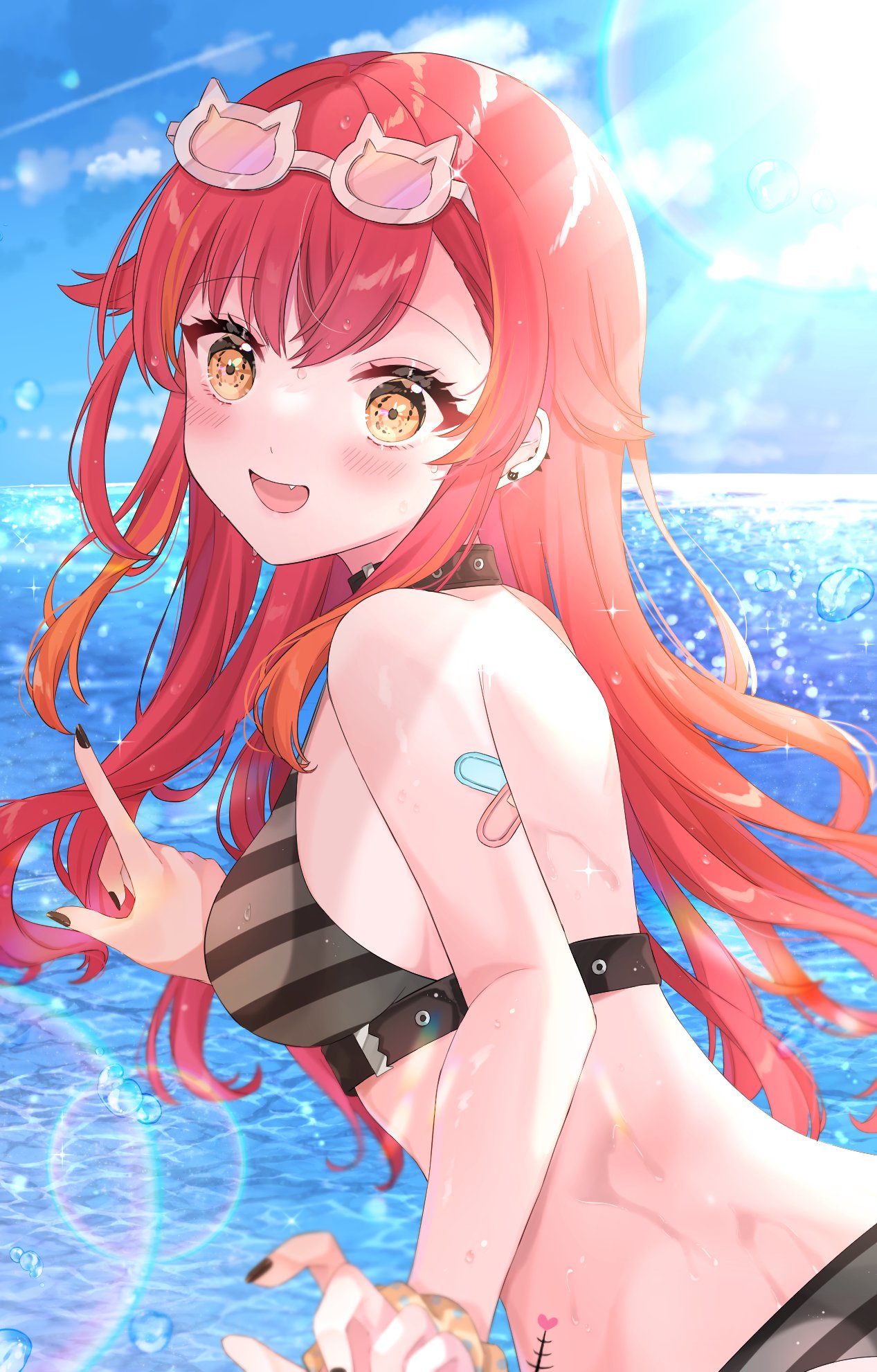 1girl breasts bubble commentary fang fingernails glasses highres lens_flare long_hair looking_at_viewer medium_breasts nekota_tsuna red_hair shain sky solo swimsuit symbol-only_commentary virtual_youtuber vspo! wet yellow_eyes