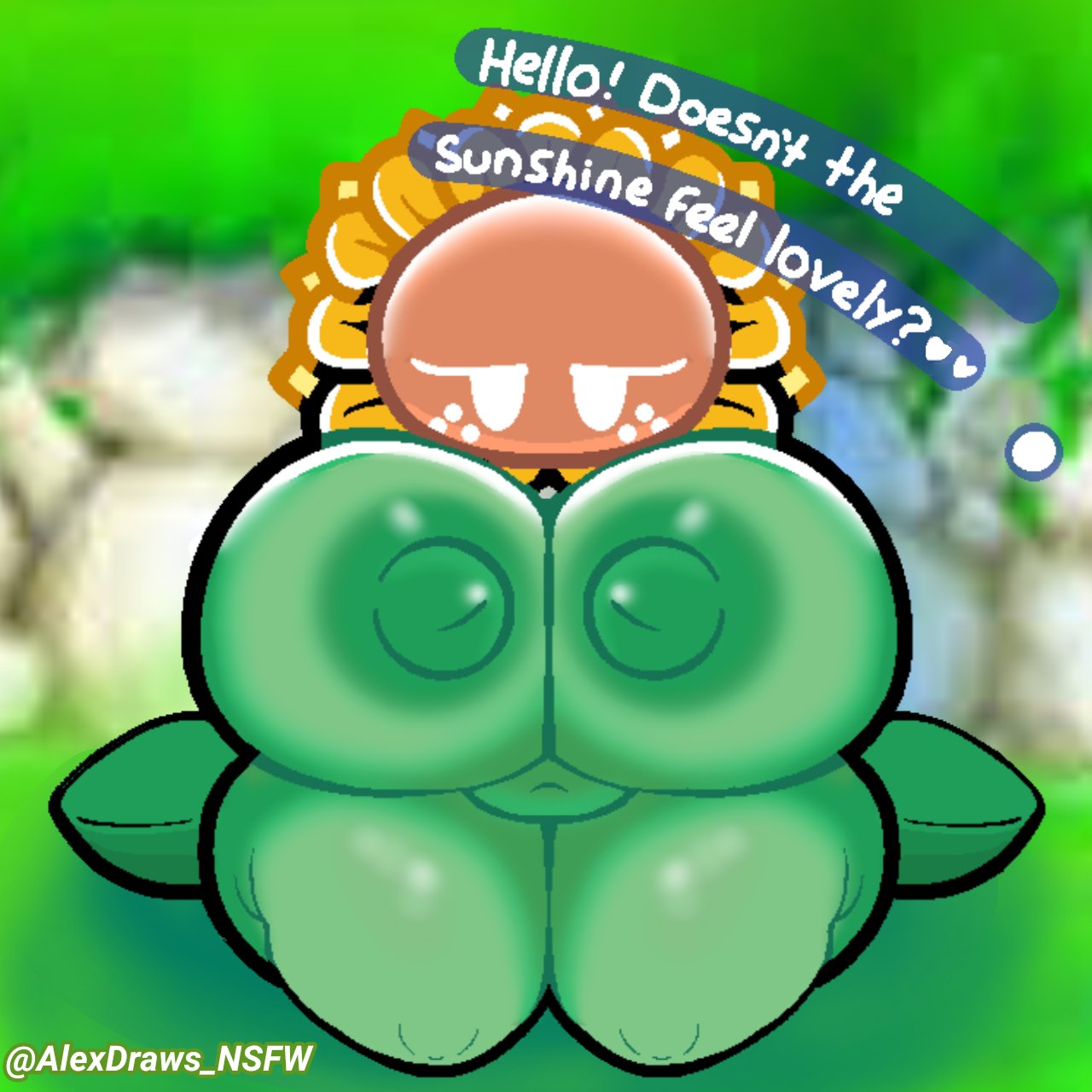 alexdraws areola big_breasts big_nipples breasts curvy_figure elemental_creature female flora_fauna flower flower_creature green_body green_nipples green_skin hi_res huge_breasts humanoid looking_at_viewer mario_bros nintendo nipples not_furry nude overweight overweight_female plant puffy_areola puffy_nipples solo sunflower_kid text thick_thighs video_games voluptuous