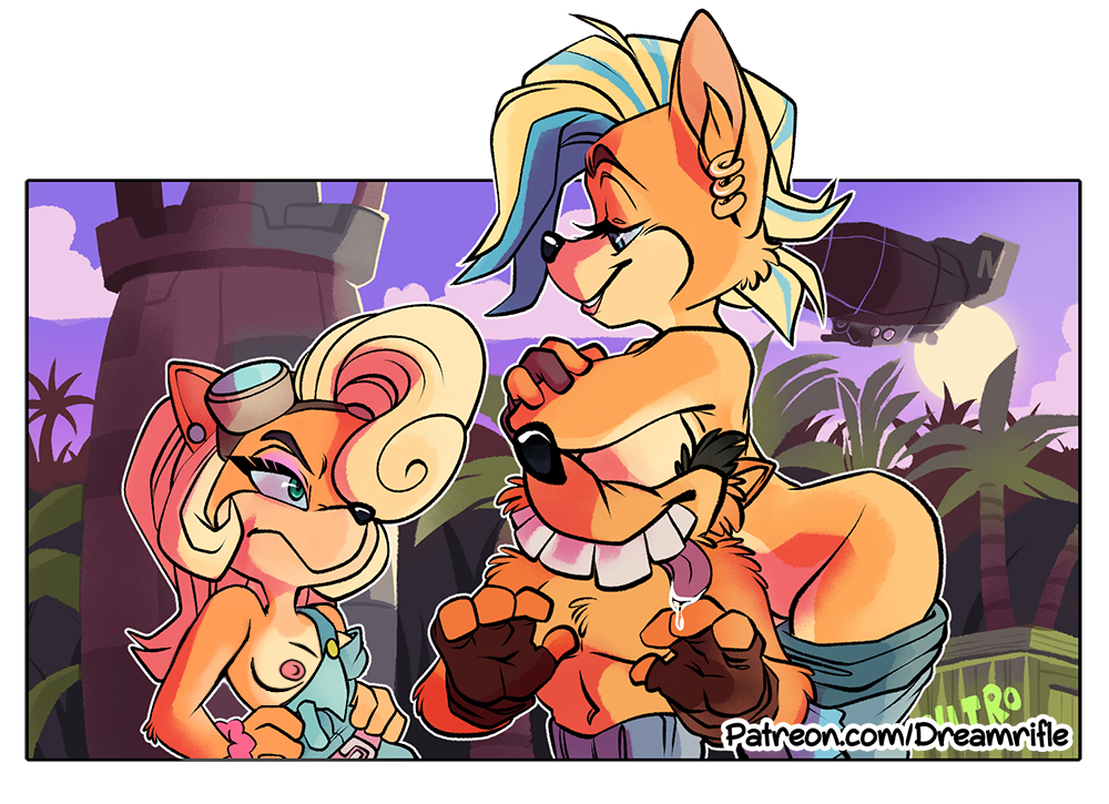 activision alpha_channel anthro breasts clothing coco_bandicoot crash_bandicoot_(series) escopeto eyeshadow female female/female fur group makeup male male/female nipples overalls pirate_tawna shirtless tongue tongue_out trash_bandicoot trio video_games