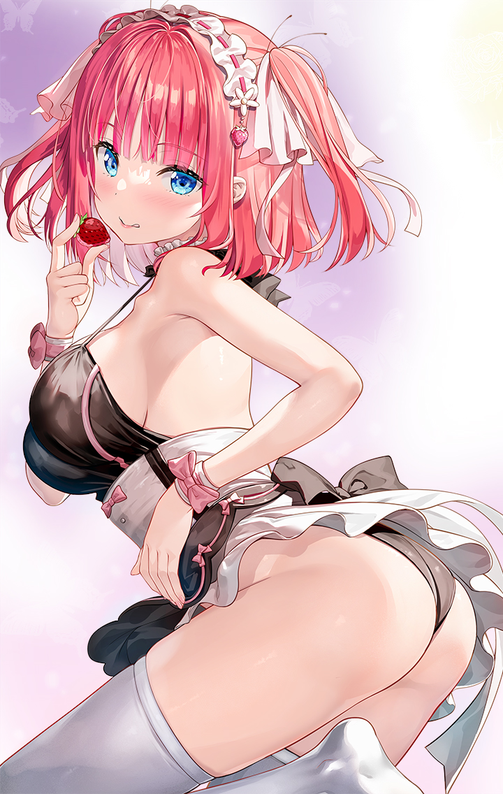 1girl ass bangs bare_shoulders black_panties blue_eyes blush breasts character_request closed_mouth copyright_request food fruit fujima_takuya hair_ribbon holding holding_food holding_fruit large_breasts licking_lips looking_at_viewer maid_headdress miniskirt no_shoes panties pink_hair ribbon short_hair sideboob skirt smile solo strawberry thighhighs tongue tongue_out two_side_up underwear white_thighhighs wrist_ribbon