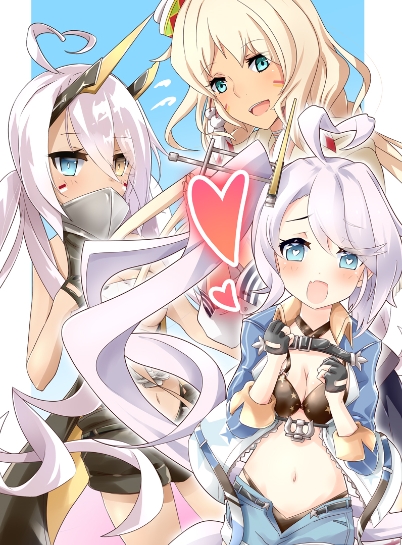 3girls ahoge azur_lane bangs bikini black_bikini black_gloves black_shorts black_skirt blonde_hair blue_eyes blue_shirt blue_shorts blush breasts cleavage collared_shirt commentary_request covered_mouth cowboy_shot dark-skinned_female dark_skin earrings facepaint fang feather_earrings feathers fringe_trim gloves gudon_(iukhzl) hair_between_eyes heart heart-shaped_pupils heart_ahoge heterochromia horns indianapolis_(azur_lane) indianapolis_(warship_girls_r) jewelry large_breasts long_hair looking_at_viewer mechanical_horns medium_breasts miniskirt multiple_girls namesake navel open_clothes open_fly open_mouth open_shirt own_hands_together partially_fingerless_gloves pink_hair pleated_skirt portland_(azur_lane) red_thighhighs retrofit_(azur_lane) shirt shorts siblings side_ponytail sisters skin_fang skirt smile swimsuit symbol-shaped_pupils thighhighs turtleneck twintails underboob very_long_hair warship_girls_r white_bandeau white_shirt yellow_eyes