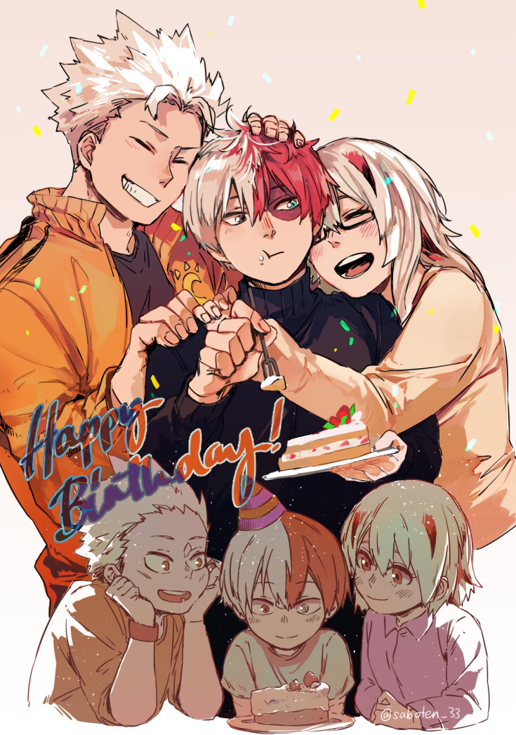 1girl 2boys blue_eyes boku_no_hero_academia burn_scar cake confetti eating family food food_on_face fork fruit glasses grey_eyes hand_on_another's_head happy_birthday hat heterochromia holding holding_fork holding_plate hug multicolored_hair multiple_boys open_mouth party_hat plate red_hair saboten_33 scar scar_on_face spiked_hair split-color_hair strawberry strawberry_shortcake todoroki_fuyumi todoroki_natsuo todoroki_shouto twitter_username two-tone_hair white_hair younger