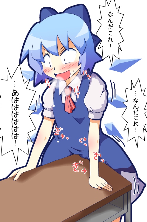 blue_hair blush bow cirno clothed_masturbation clueless commentary crotch_rub desk dress flat_chest hair_bow heavy_breathing masturbation masturbation_through_clothing necktie short_hair smile solo table_sex touhou toutouhai translated wings