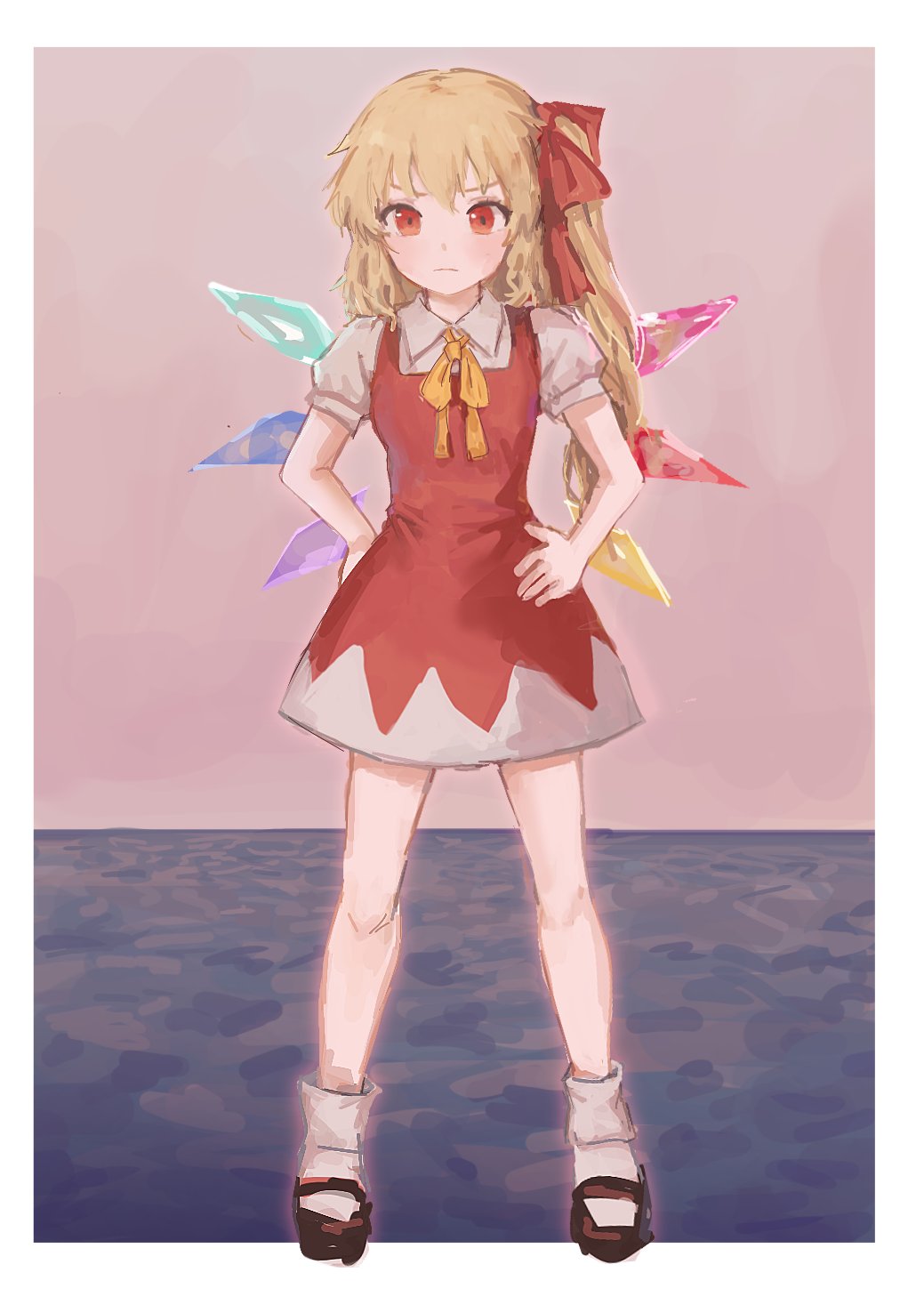 1girl bangs black_footwear blonde_hair blush border bow bowtie breasts cirno closed_mouth collared_shirt dress flandre_scarlet fusion grey_shirt grey_socks hair_between_eyes hair_ribbon hands_up highres himuhino ice ice_wings lake looking_at_viewer medium_breasts multicolored_wings no_hat no_headwear outside_border pink_sky ponytail puffy_short_sleeves puffy_sleeves red_dress red_eyes red_ribbon ribbon shirt shoes short_sleeves side_ponytail sky socks solo standing touhou v-shaped_eyebrows water white_border wings yellow_bow yellow_bowtie
