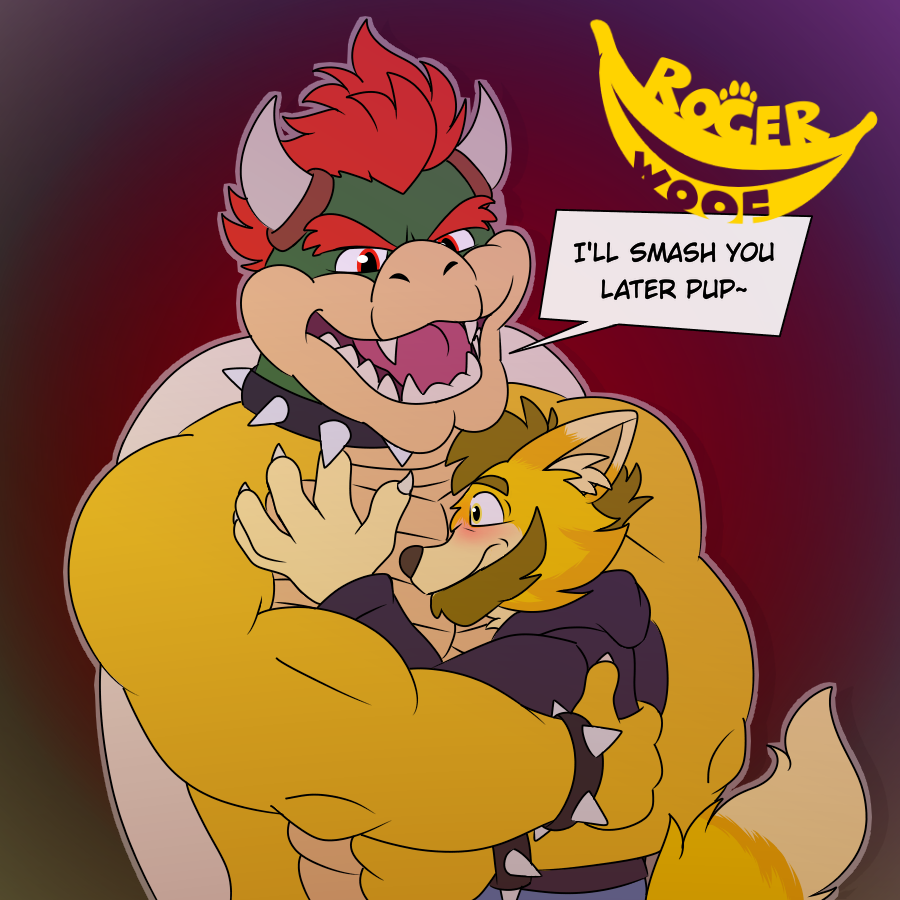 anthro beard bowser bowser_day canid canine canis domestic_dog duo embrace facial_hair horn hug hybrid male male/male mammal mario_bros muscular nintendo reptile rogerwoof rogerwoof_(character) scalie video_games yellow_body