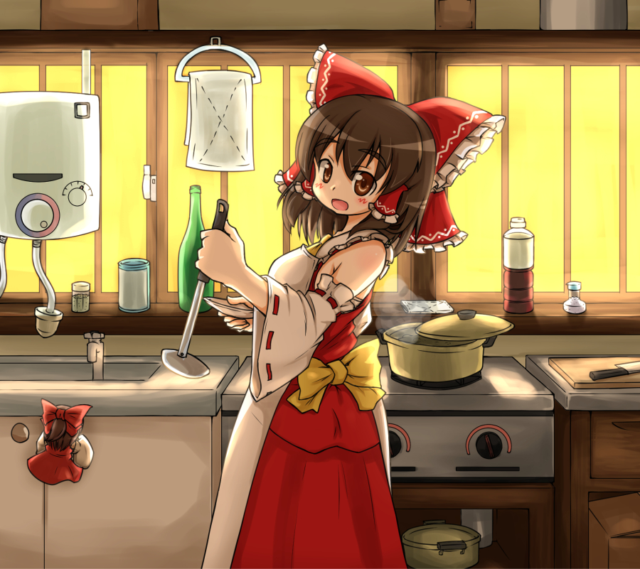 2girls ascot bangs blush bottle bow breasts brown_eyes brown_hair cabinet collared_shirt commentary_request cookie_(touhou) cooking_pot cowboy_shot detached_sleeves dress frilled_bow frilled_hair_tubes frilled_shirt_collar frills hair_between_eyes hair_bow hair_tubes hakurei_reimu indoors kanna_(cookie) kitchen knb_(nicoseiga53198051) ladle looking_at_viewer looking_to_the_side medium_breasts medium_hair minigirl multiple_girls open_mouth oven pepper_shaker red_bow red_dress red_shirt red_skirt ribbon-trimmed_sleeves ribbon_trim sakenomi_(cookie) salt_shaker shirt sidelocks sink skirt skirt_set sleeveless sleeveless_dress sleeveless_shirt smile stove touhou water white_sleeves wide_sleeves yellow_ascot