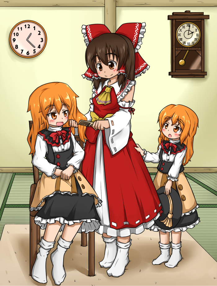 3girls apron ascot azusa_(cookie) bangs black_skirt black_vest blush bow bowtie brown_eyes brown_hair brushing_another's_hair brushing_hair buttons chair child clock closed_mouth collared_shirt comb commentary_request cookie_(touhou) detached_sleeves dual_persona female_child frilled_shirt_collar frilled_skirt frills full_body hair_between_eyes hair_bow hakurei_reimu hat holding holding_clothes holding_hat indoors kanna_(cookie) kirisame_marisa knb_(nicoseiga53198051) long_hair long_skirt looking_at_another multiple_girls no_shoes open_mouth orange_eyes orange_hair red_bow red_bowtie red_shirt red_skirt shirt sidelocks skirt skirt_set sleeveless sleeveless_shirt smile socks tatami touhou turtleneck vest waist_apron white_shirt white_sleeves wide_sleeves witch_hat yellow_ascot