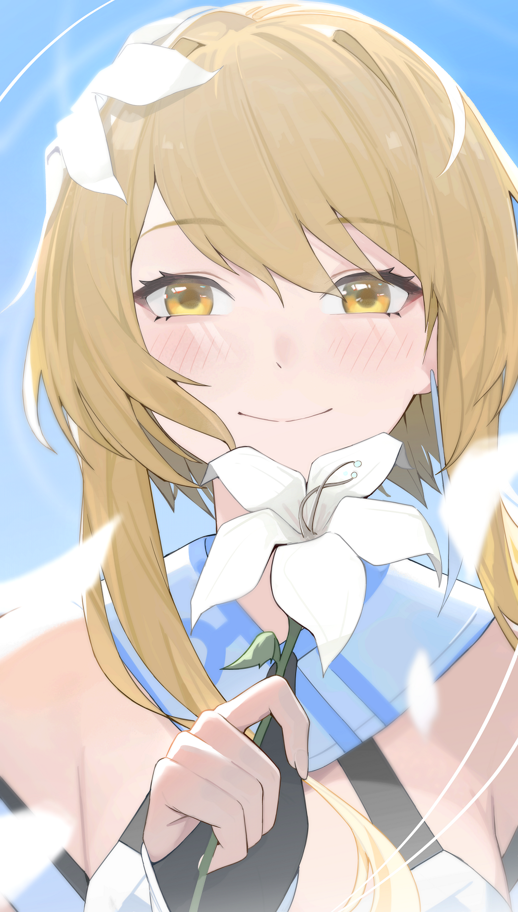 1girl bare_shoulders black_gloves blonde_hair closed_mouth commentary darkzmonsty fingerless_gloves flower genshin_impact gloves hair_flower hair_intakes hair_ornament highres holding holding_flower long_hair looking_at_viewer lumine_(genshin_impact) smile solo white_flower yellow_eyes