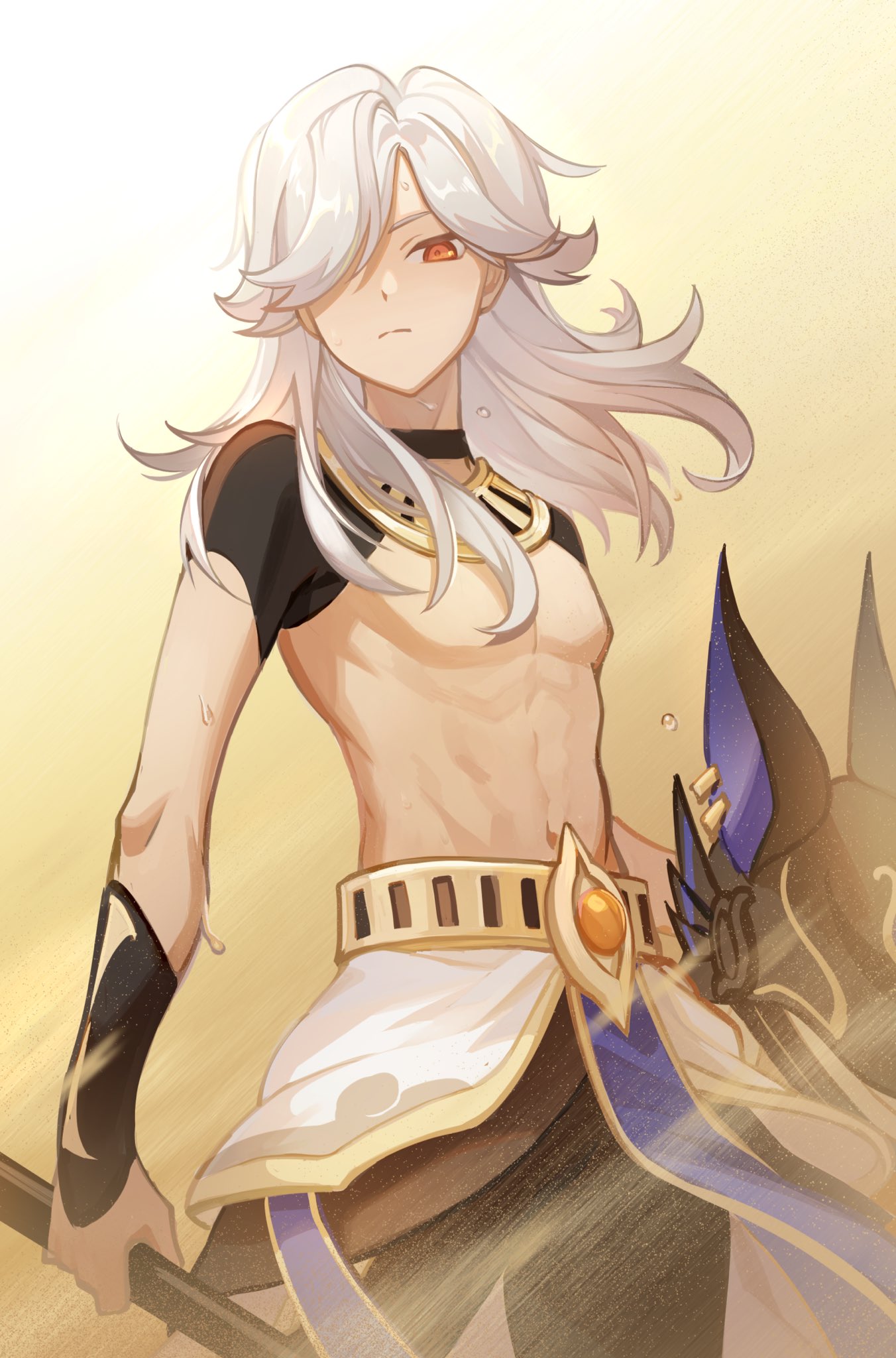 1boy arabian_clothes bishounen brown_background cancanbingo cowboy_shot cyno_(genshin_impact) dark-skinned_male dark_skin genshin_impact hair_over_one_eye headgear_removed highres long_hair male_focus midriff one_eye_covered orange_eyes simple_background sleeveless solo sweat white_hair