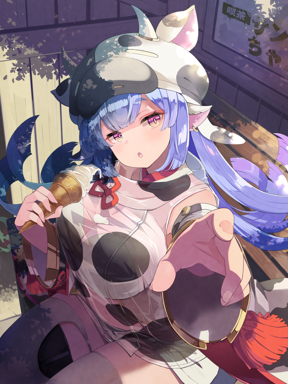 1girl :o bangs blue_hair blush breasts catura_(granblue_fantasy) cow_hat from_above granblue_fantasy highres ice_cream_cone large_breasts looking_at_viewer nino_(shira) outstretched_hand purple_eyes sitting solo thighhighs thighs wide_sleeves