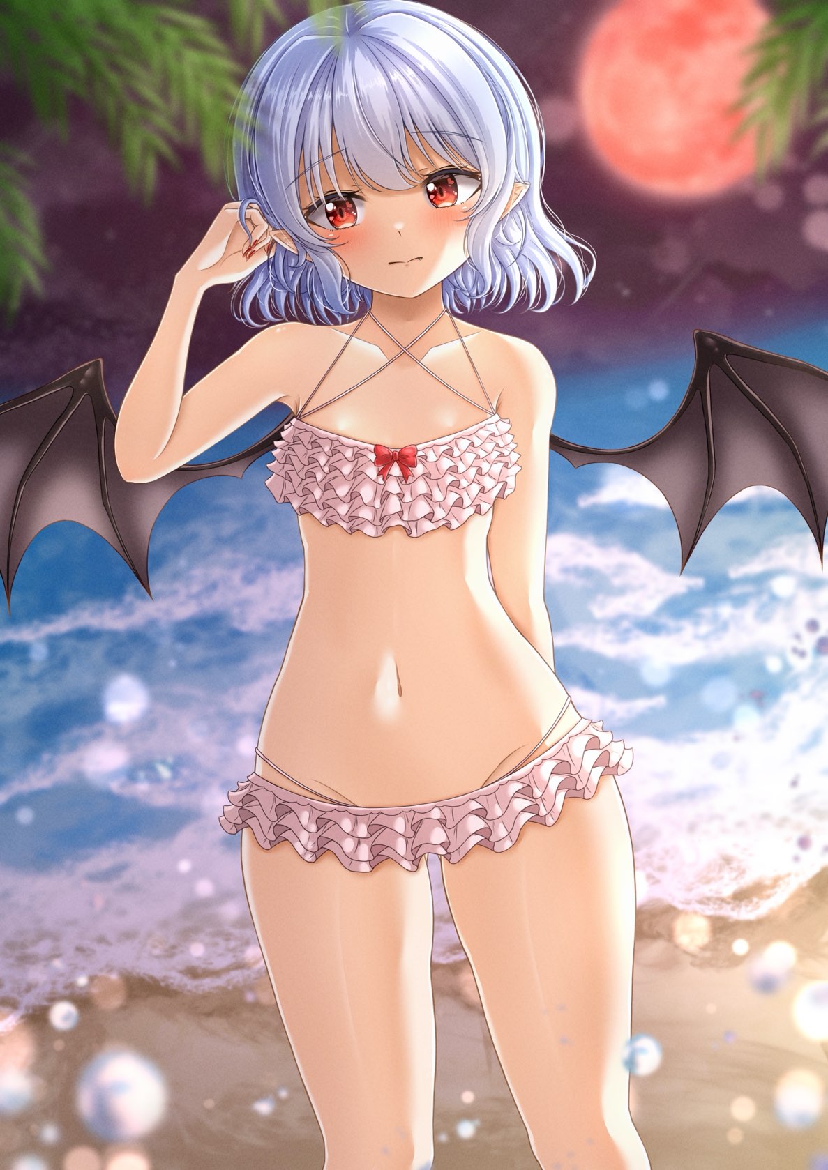 1girl bat_wings beach belt beltskirt bikini blue_hair blush breasts collarbone frilled_bikini frills full_moon highres moon navel red_eyes red_moon red_sky reijing_etrn remilia_scarlet short_hair sky small_breasts smile solo swimsuit thighs touhou wings