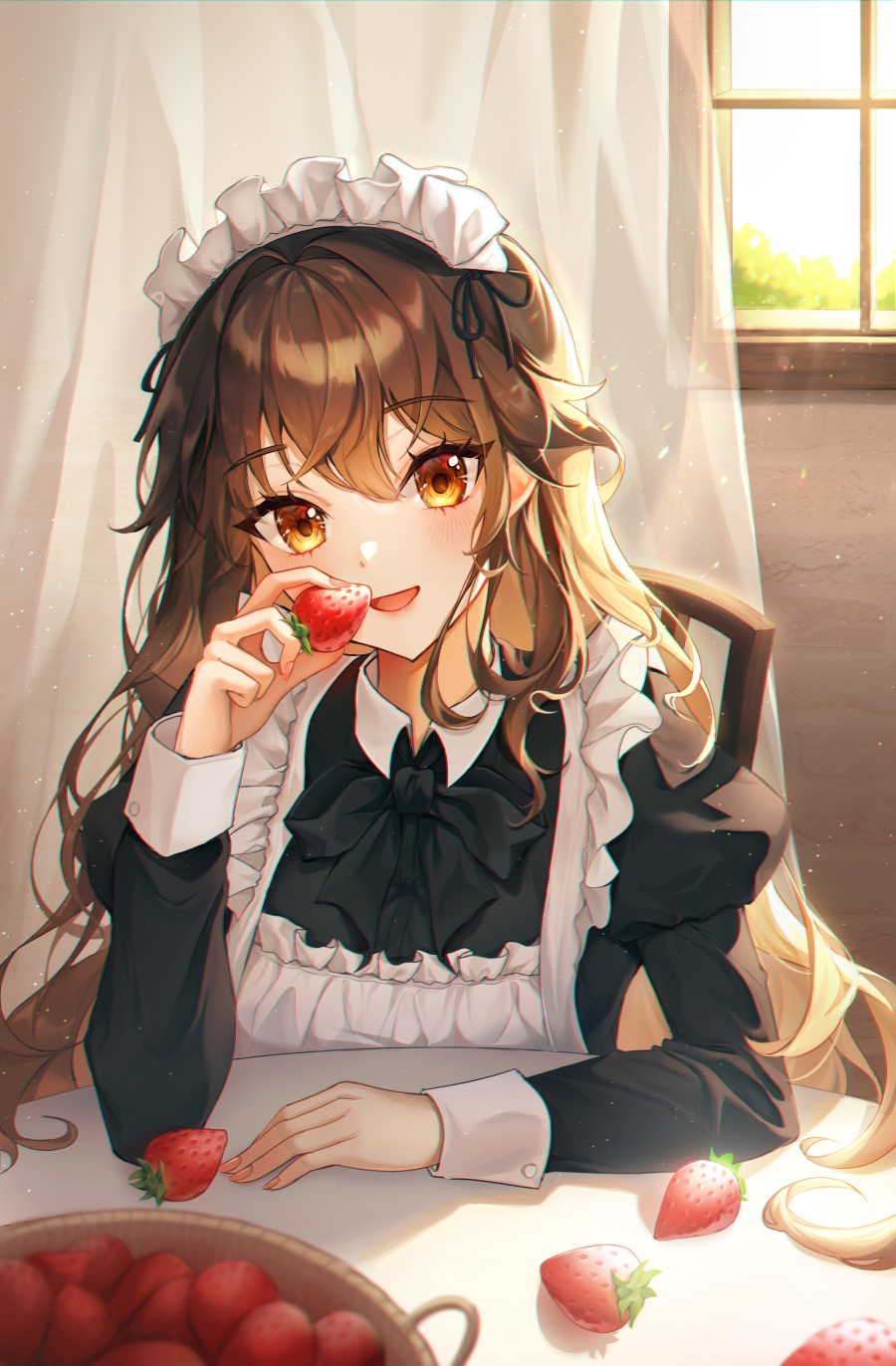 1girl apron bangs black_bow black_bowtie black_shirt blush bow bowtie brown_hair collared_shirt curtains day food fruit hair_between_eyes highres holding holding_food holding_fruit indoors juliet_sleeves long_hair long_sleeves looking_at_viewer maid_headdress open_mouth original puffy_sleeves red_eyes shirt smile solo strawberry table tteullie upper_body white_apron window