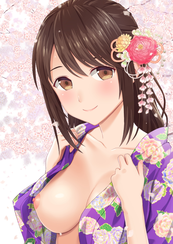1girl banned_artist breasts brown_eyes brown_hair closed_mouth collarbone commentary_request eyebrows_hidden_by_hair floral_print flower hair_flower hair_ornament hands_up japanese_clothes kimono long_hair looking_at_viewer medium_breasts n.g. nipples open_clothes open_kimono original print_kimono purple_kimono red_flower red_rose rose smile solo yellow_flower