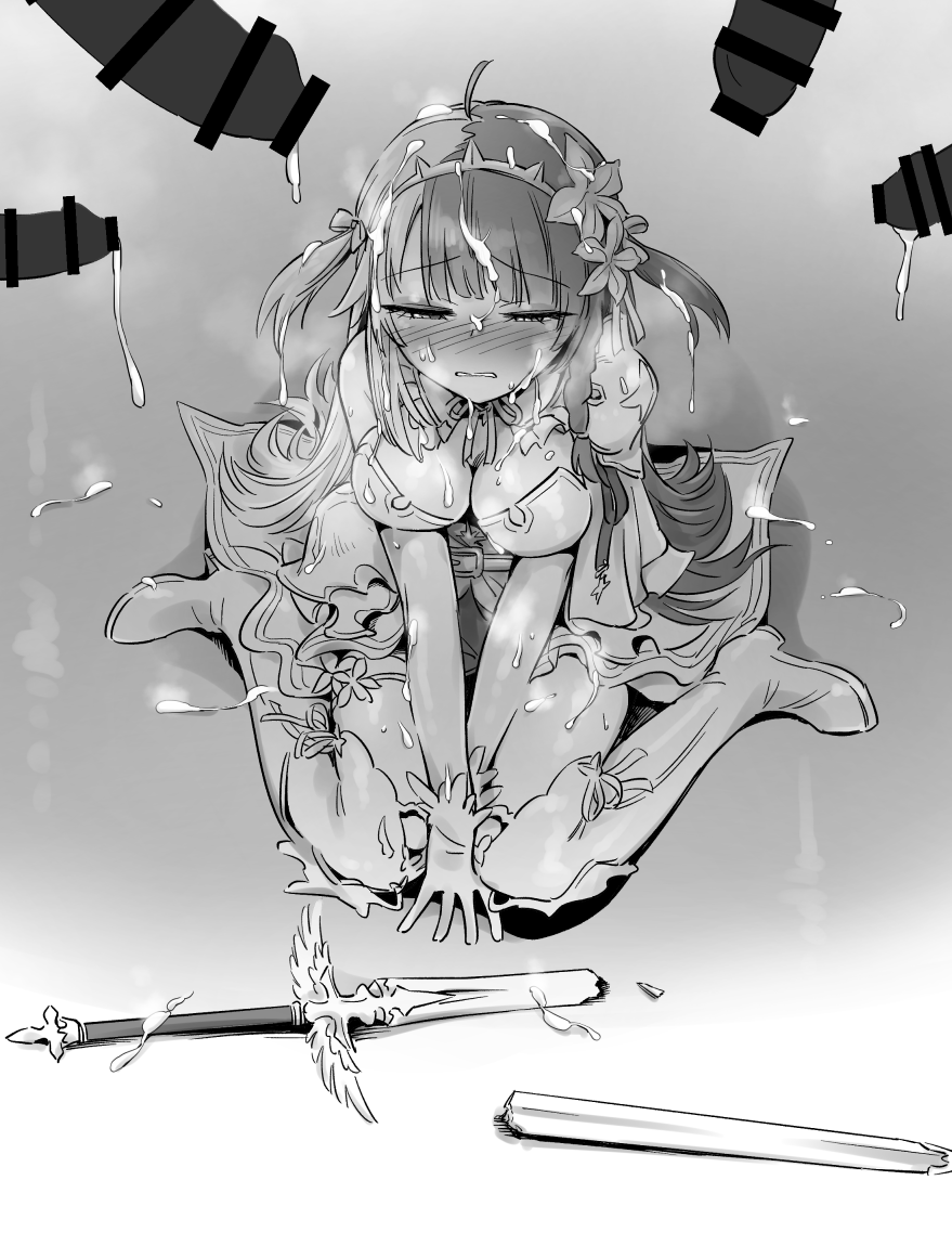 1girl after_ejaculation armor belt_buckle blush boots breastplate breasts broken broken_sword broken_weapon buckle bukkake cape cum cumdrip defeat downcast_eyes facial fuwa_uneuchi gloves headband humiliation kneeling large_breasts long_hair looking_away multiple_penises nijisanji penis ribbon steaming_body sweat sword tears thigh_boots virtual_youtuber weapon yorumi_rena