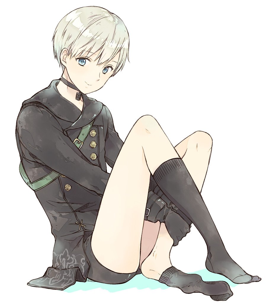 1boy black_choker black_gloves black_jacket blue_eyes choker gloves grey_hair jacket kneehighs kneehighs_pull male_focus nier_(series) nier_automata sami_(3a3i3a3i) short_shorts shorts sitting smile socks solo yorha_no._9_type_s