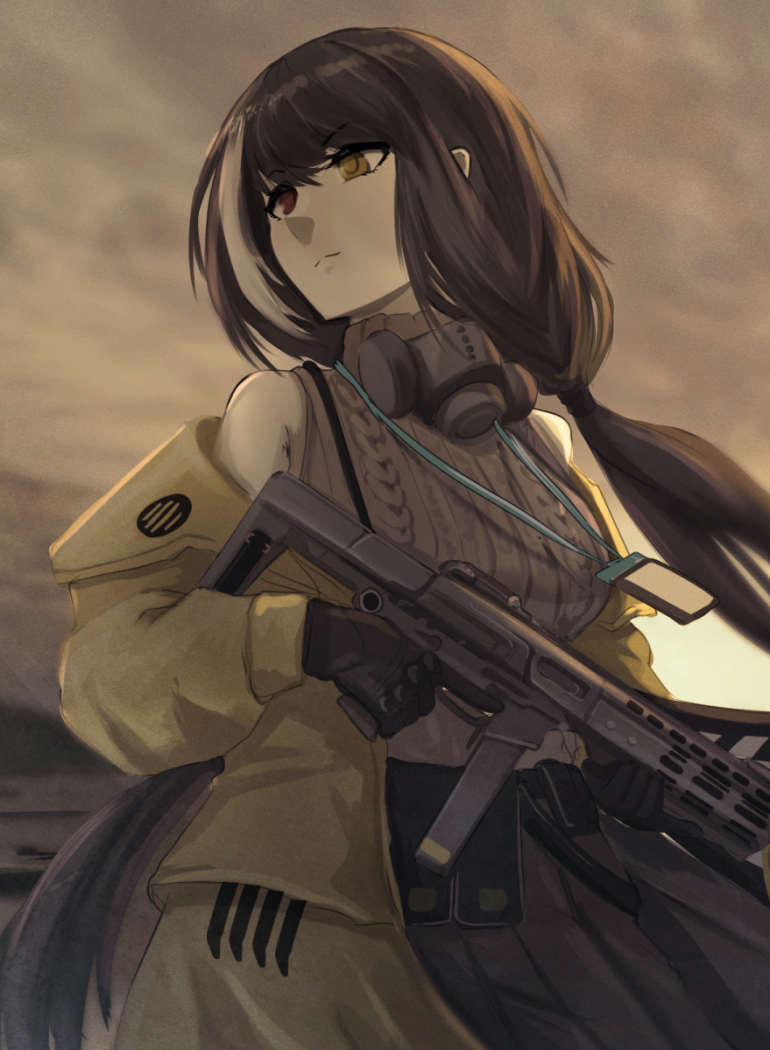 1girl assault_rifle bangs black_gloves black_hair black_skirt breasts brown_sweater_vest closed_mouth gas_mask girls'_frontline gloves gun hair_ornament hairclip haonfest heterochromia holding holding_gun holding_weapon id_card jacket jacket_pull long_hair long_sleeves looking_away mask mask_around_neck medium_breasts multicolored_hair red_eyes rifle ro635 ro635_(girls'_frontline) skirt solo streaked_hair sweater_vest upper_body weapon yellow_eyes yellow_jacket