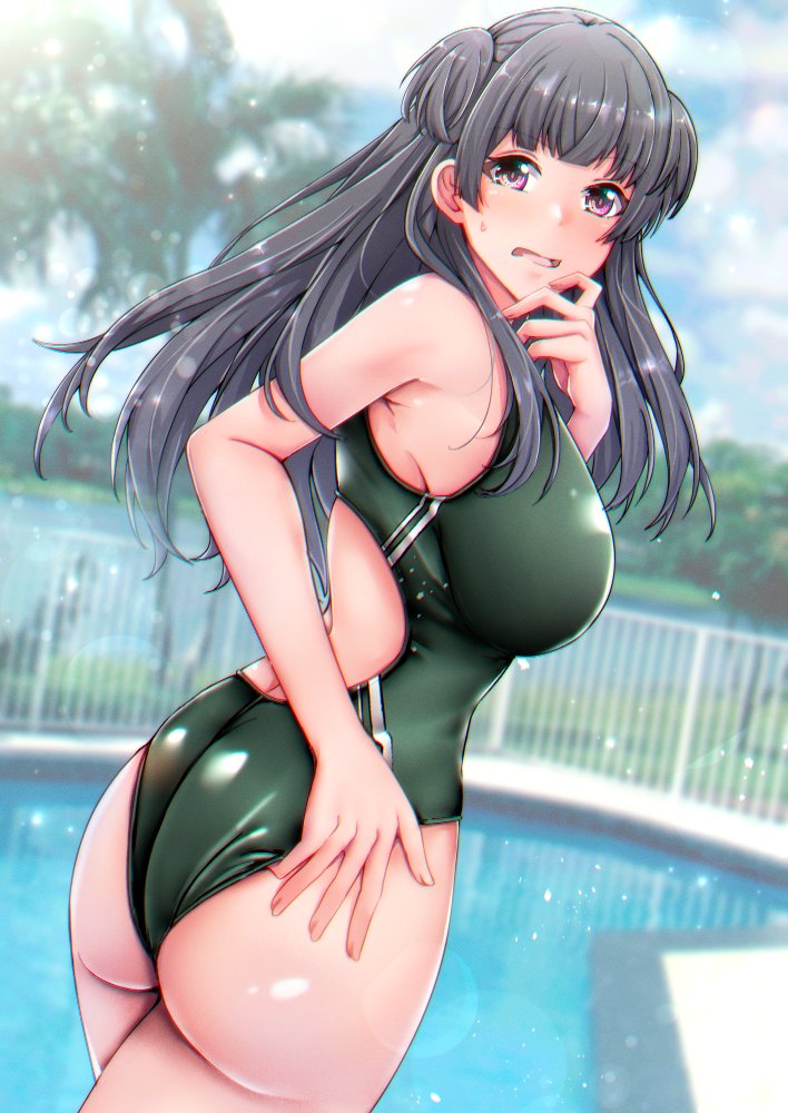 alternate_costume ass back bangs black_hair blue_sky blunt_bangs breasts brown_eyes cloud cloudy_sky competition_swimsuit cowboy_shot day grass green_swimsuit hand_on_own_chin idolmaster idolmaster_shiny_colors lake large_breasts light_particles long_hair looking_back mayuzumi_fuyuko one-piece_swimsuit open_mouth outdoors pool poolside shohei_(piranha5hk) sky sweatdrop swimsuit tree two_side_up water