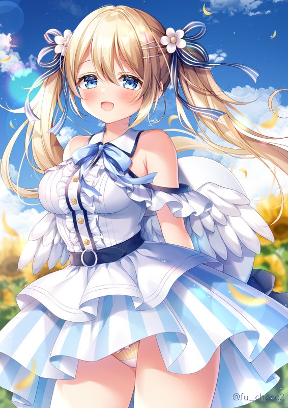 1girl :d bangs bare_shoulders blonde_hair blue_eyes blue_ribbon blue_sky blurry blurry_background blush bow bow_panties breasts center_frills cloud collared_shirt commentary_request day depth_of_field feathered_wings floating_hair flower frills hair_between_eyes hair_flower hair_ornament hair_ribbon hairclip long_hair low_wings medium_breasts mitsuba_choco original outdoors panties ribbon shirt skirt sky sleeveless sleeveless_shirt smile solo standing striped striped_ribbon striped_skirt sunflower twintails twitter_username underwear vertical-striped_skirt vertical_stripes very_long_hair white_flower white_shirt white_wings wings yellow_flower yellow_panties