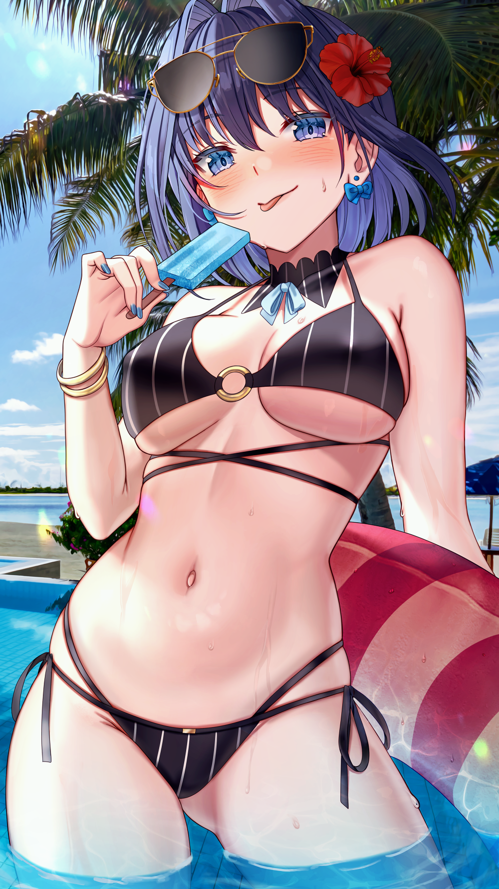 1girl armpit_crease aviator_sunglasses bangs bare_shoulders bikini black_bikini blue_eyes blue_hair blue_nails blue_sky blush bracelet breasts cloud day earrings eyewear_on_head flower food gold_bracelet hair_flower hair_intakes hair_ornament highres hololive hololive_english innertube jewelry large_breasts licking_lips looking_at_viewer nail_polish navel o-ring o-ring_bikini orchid ouro_kronii outdoors palm_tree pool popsicle saruei short_hair side-tie_bikini sky solo stomach striped striped_bikini sunglasses sunlight sweat swimsuit thigh_gap tongue tongue_out tree virtual_youtuber water wet