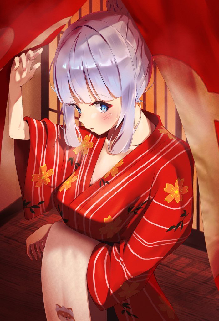 1girl bangs blue_eyes blunt_bangs blush breasts cleavage curtains floral_print fwha4853 genshin_impact hand_up indoors japanese_clothes kamisato_ayaka kimono long_sleeves medium_breasts mole mole_under_eye ponytail red_kimono shiny shiny_hair sidelocks solo towel upper_body white_hair wide_sleeves