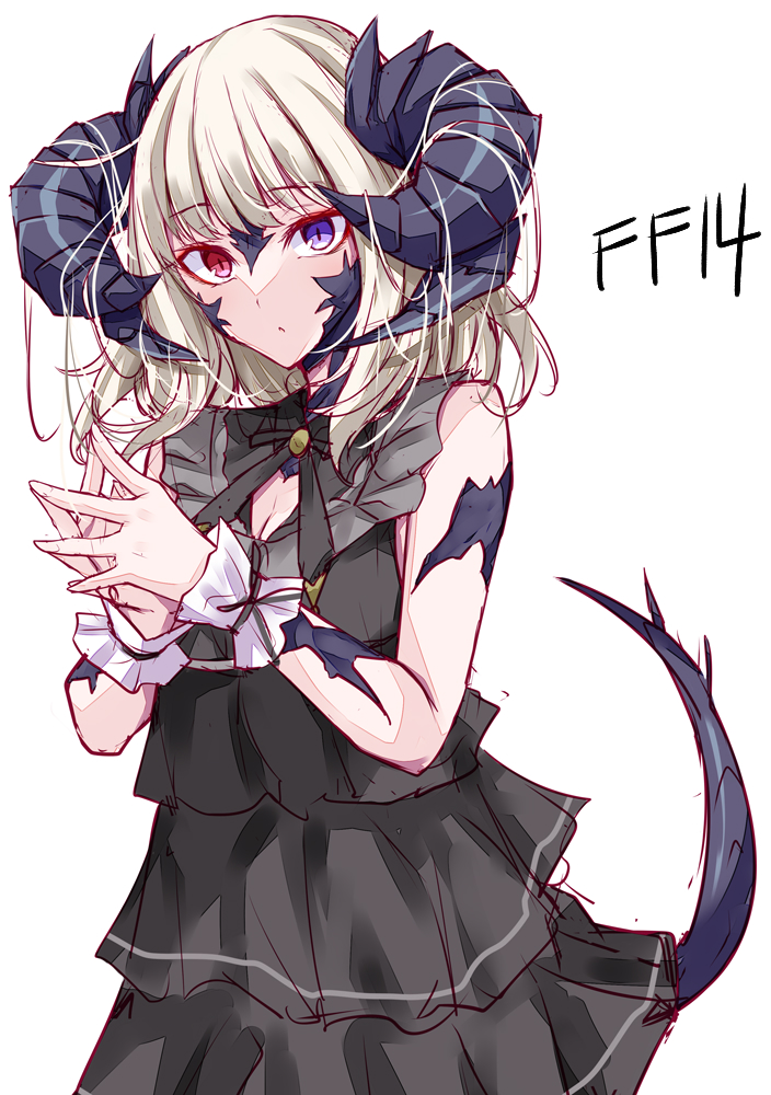 1girl au_ra bangs bare_shoulders black_dress blonde_hair breasts cleavage copyright_name dress final_fantasy final_fantasy_xiv heterochromia horns purple_eyes red_eyes simple_background sleeveless sleeveless_dress solo suterii tail white_background