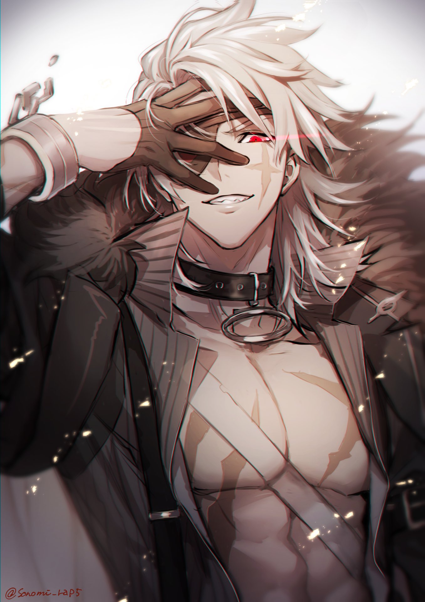 1boy abs alchemy_stars black_coat black_collar black_gloves broken broken_chain chain coat collar eye_trail eyepatch fur-trimmed_coat fur_trim gloves grey_background grey_hair grin half_gloves highres looking_at_viewer male_focus open_clothes open_coat pectoral_cleavage pectorals red_eyes scar scar_across_eye scar_on_chest scar_on_face simple_background smile solo sonomi taki_(alchemy_stars) toned toned_male twitter_username upper_body