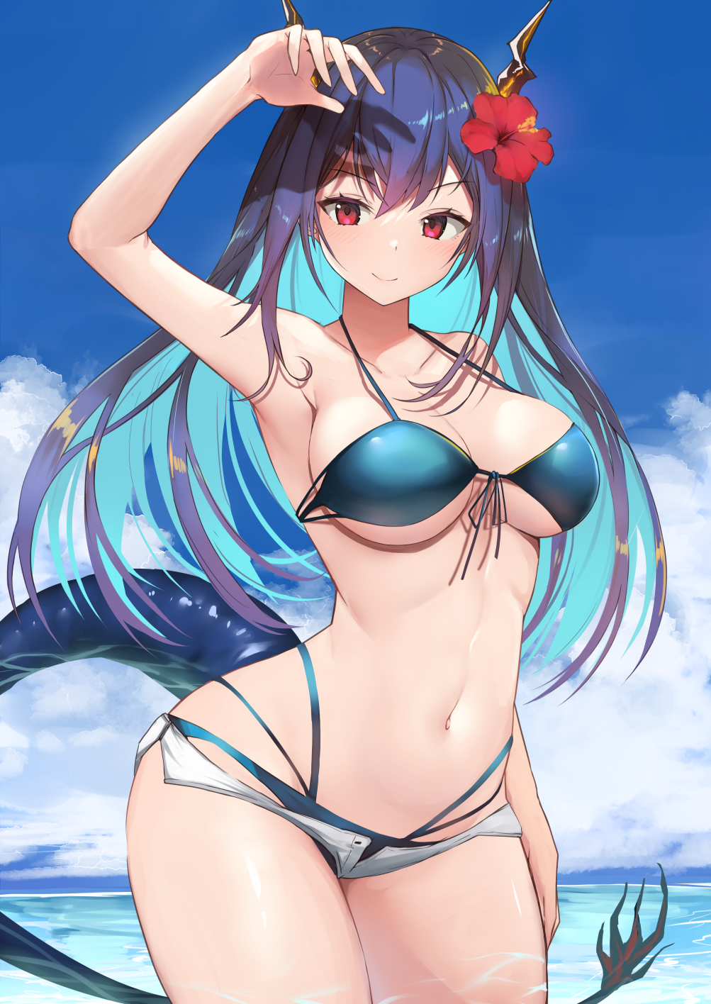 1girl arknights arm_up armpits bare_arms bare_shoulders bikini blue_bikini blue_hair blue_sky breasts ch'en_(arknights) ch'en_the_holungday_(arknights) cleavage cloud cloudy_sky collarbone covering_face cowboy_shot day dragon_girl dragon_horns dragon_tail elite_ii_(arknights) flower front-tie_bikini front-tie_top hair_flower hair_ornament halterneck hand_up hibiscus highres horns large_breasts long_hair looking_at_viewer micro_shorts multi-strapped_bikini navel official_alternate_costume open_fly outdoors red_eyes red_flower shorts sky smile solo stomach string_bikini swimsuit tail thighs water white_shorts wide_hips yuzuruka_(bougainvillea)