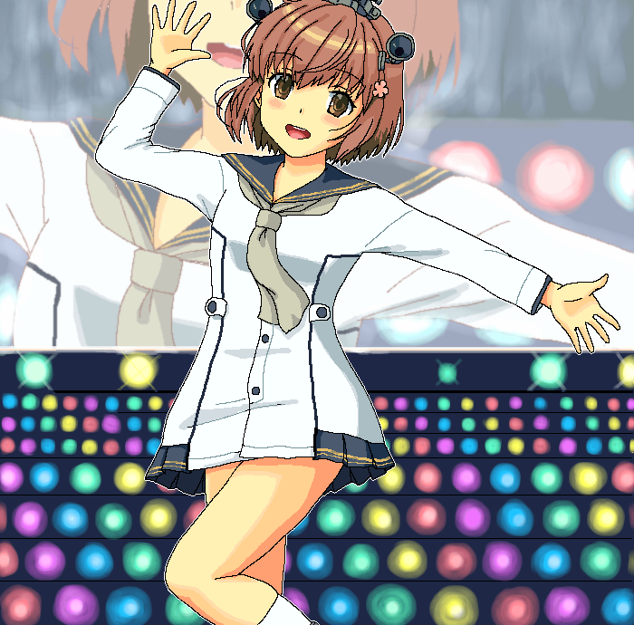 1girl blue_sailor_collar brown_eyes brown_hair cherry_blossoms dancing dress feet_out_of_frame flower grey_neckerchief hair_flower hair_ornament headgear headset kantai_collection lights looking_at_viewer mocchi_man neckerchief outstretched_arms sailor_collar sailor_dress screen short_hair solo speaking_tube_headset stairs standing standing_on_one_leg yukikaze_(kancolle)