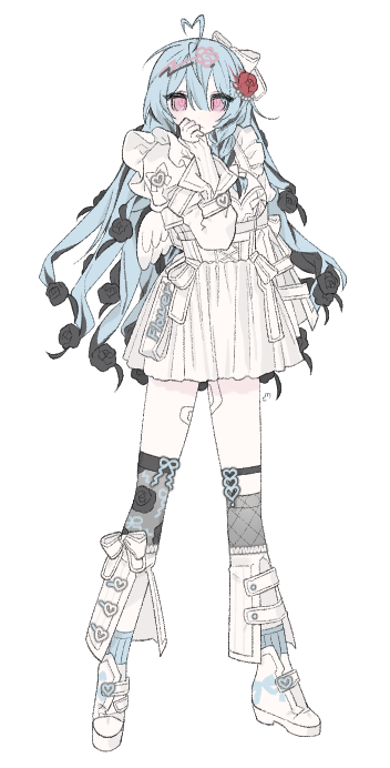 1girl ahoge bandaged_leg bandages black_flower black_hair black_rose blue_hair blue_socks bow closed_mouth covering_mouth curly_hair dress facing_viewer flower frills hair_bow hair_flower hair_ornament hand_on_own_face hand_over_own_mouth heart heart_ahoge long_hair long_sleeves looking_at_viewer multicolored_hair original pink_eyes platform_footwear pleated_skirt red_flower red_rose rose simple_background skirt socks solo standing streaked_hair two-tone_hair u_emper white_background white_bow white_dress white_skirt