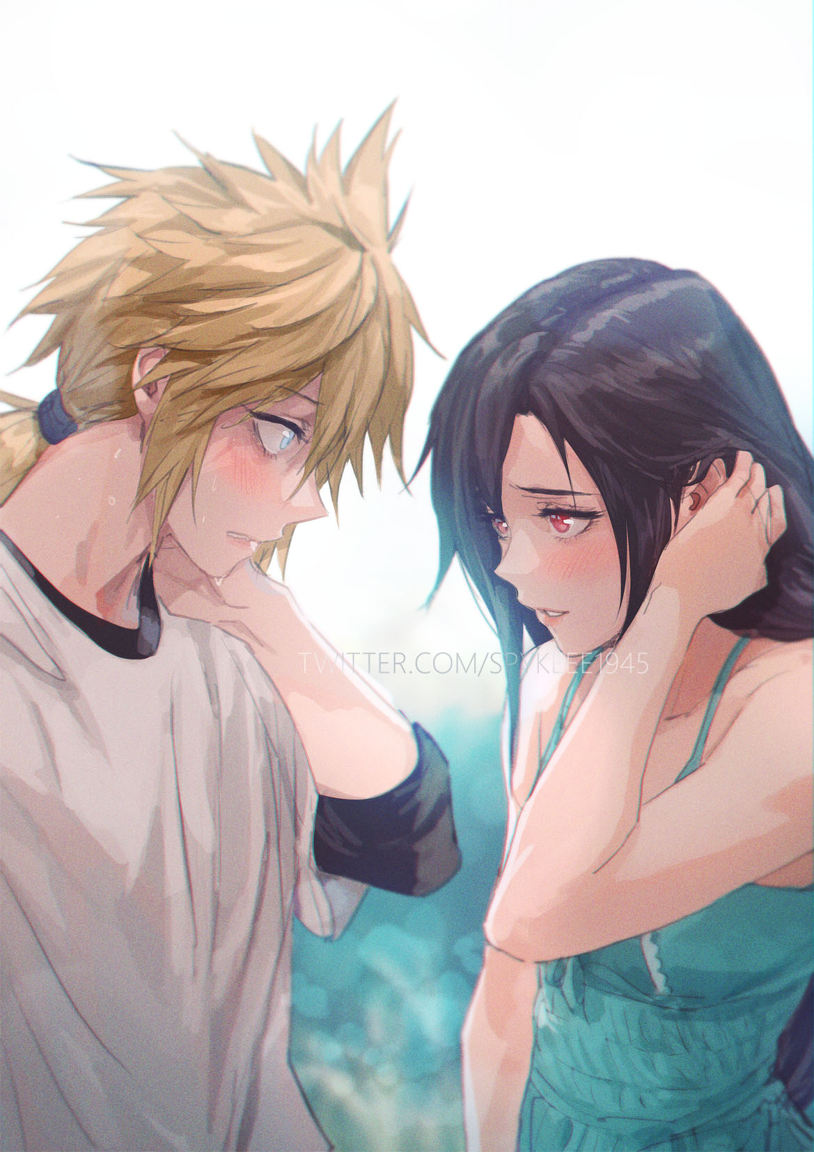 1boy 1girl bare_arms bare_shoulders black_hair blonde_hair blue_eyes blush cloud_strife dress final_fantasy final_fantasy_vii final_fantasy_vii_remake hand_up highres long_hair looking_at_another low_ponytail red_eyes shirt sleeveless sleeveless_dress spiked_hair spykeee sweat t-shirt tifa_lockhart twitter_username upper_body watermark younger